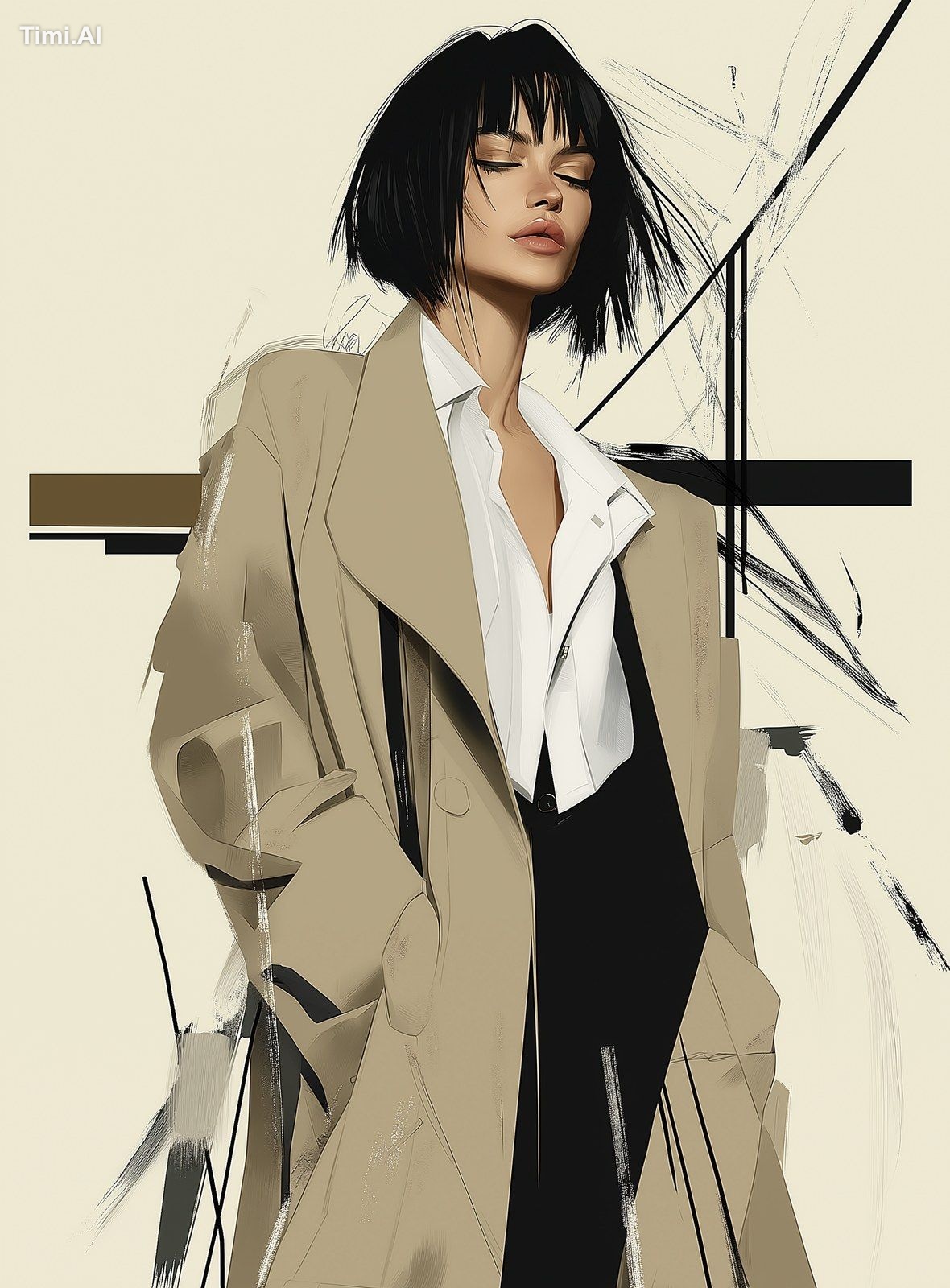 a fashion illustration of an elegant woman with short black hair, weari…