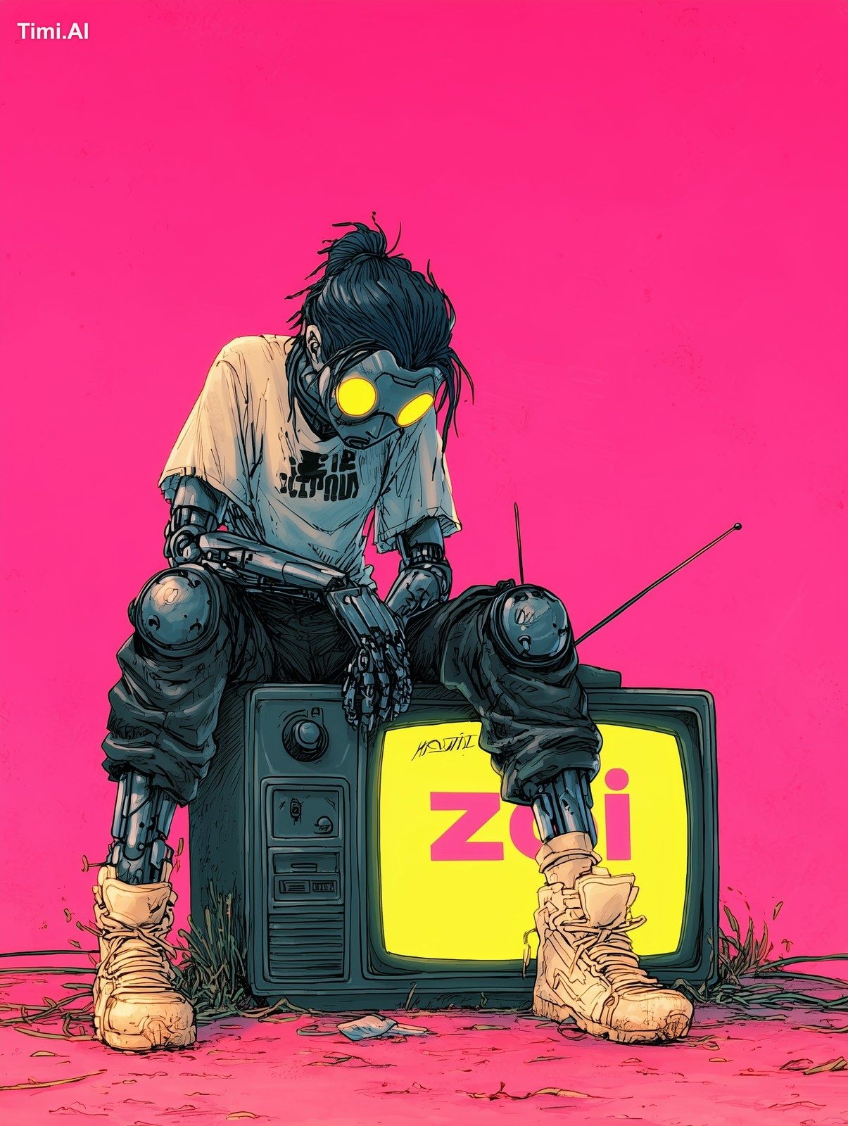 Illustration, design, cyberpunk retro, female sitting on tv, "zoi" --ar…