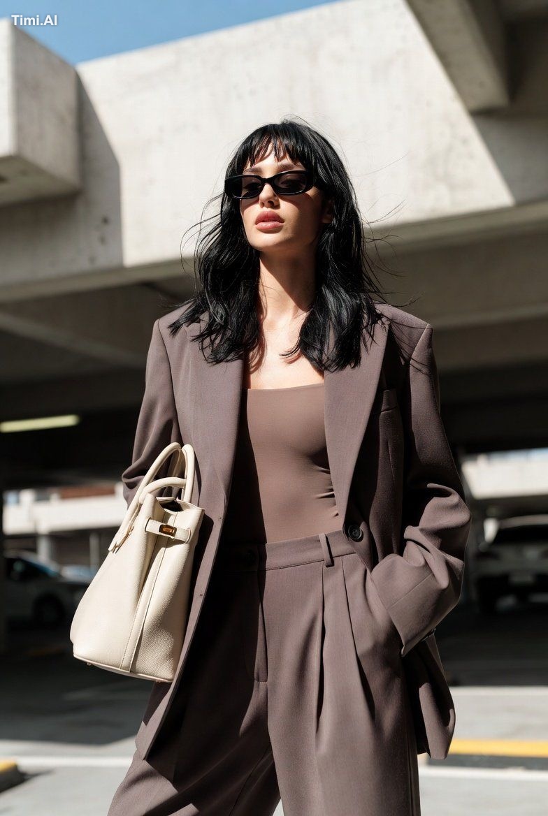 A stylish young woman with long layered black hair and soft curtain ban…