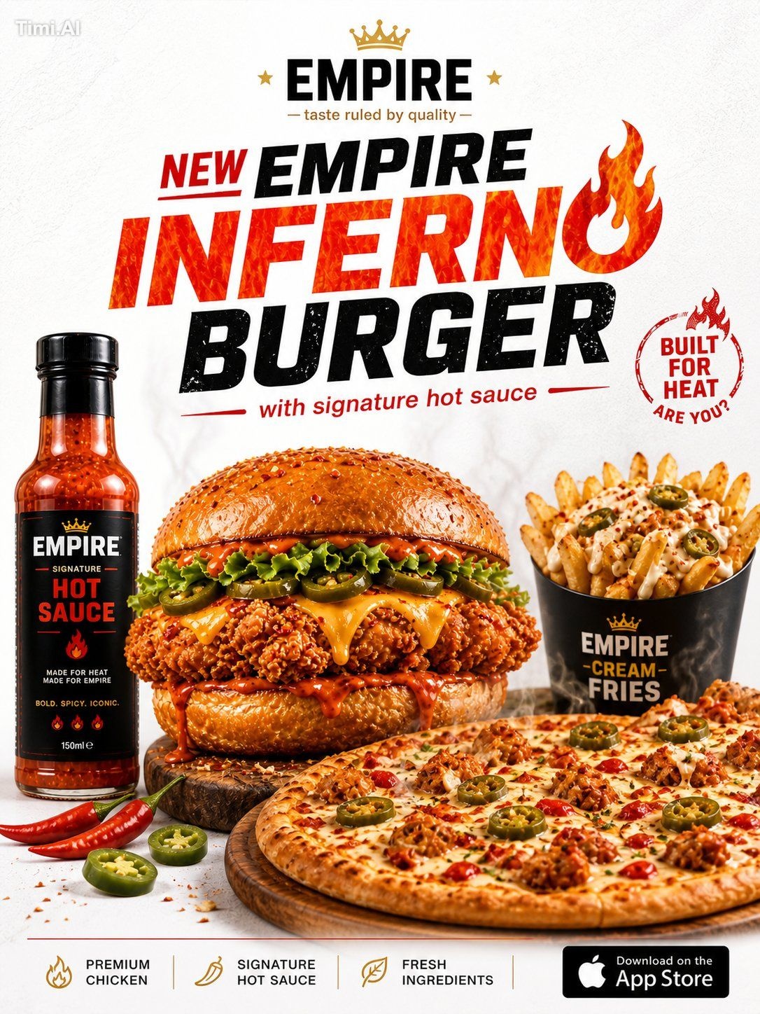 A premium fast food advertisement poster with a cinematic composition a…