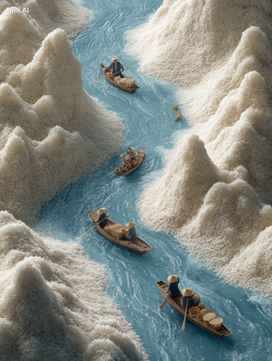 A food movie poster, super realistic rice, mountains and rivers piled u…