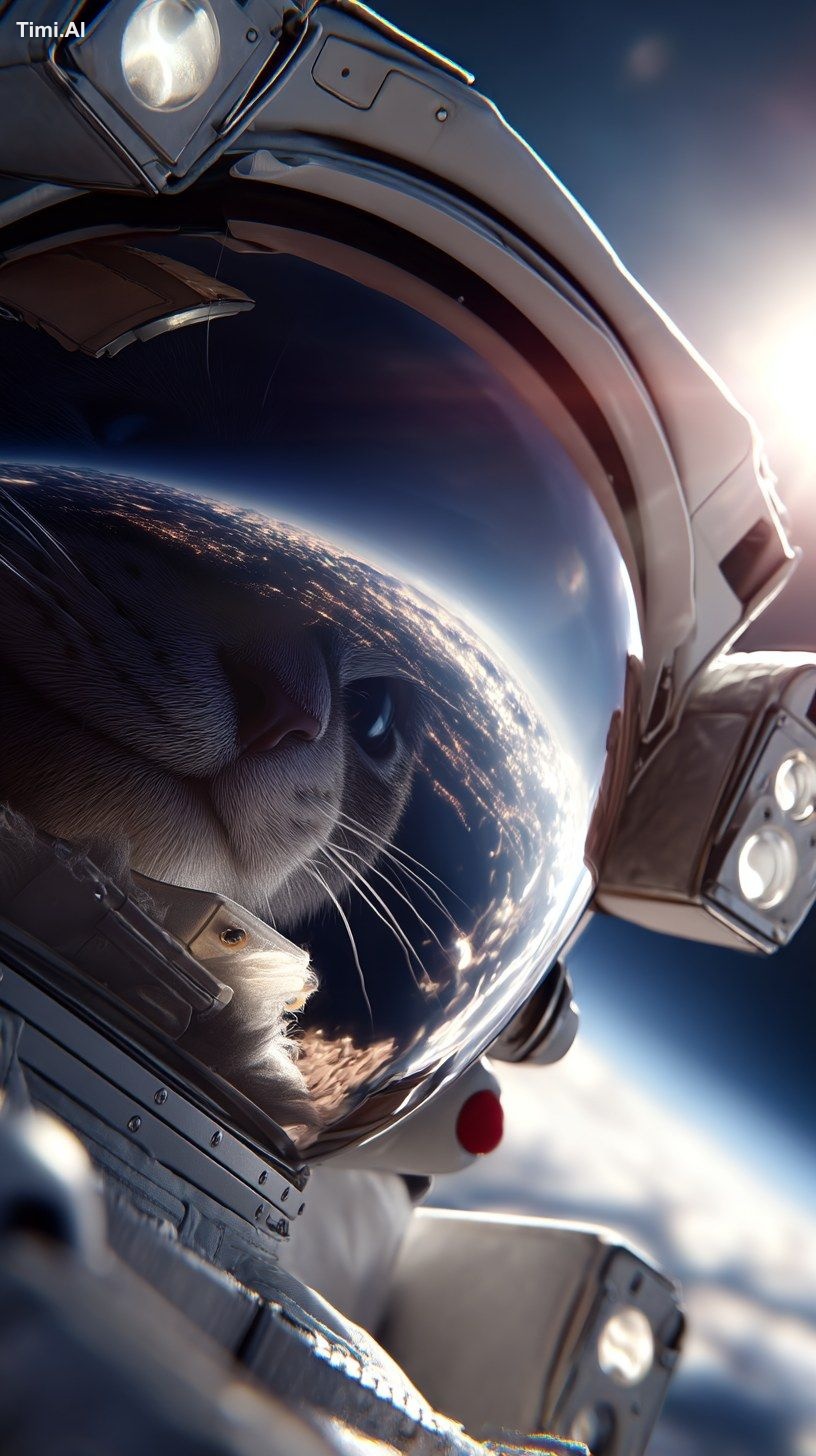 Hyperrealistic,medium shot** of asmiling cat astronaut**, floating gent…