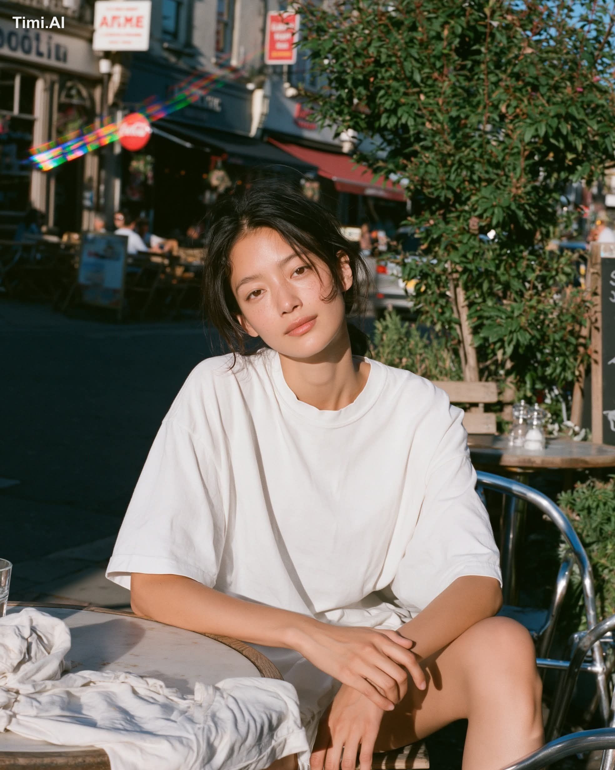 warm sunlit film portrait, young woman sitting relaxed at a small café …