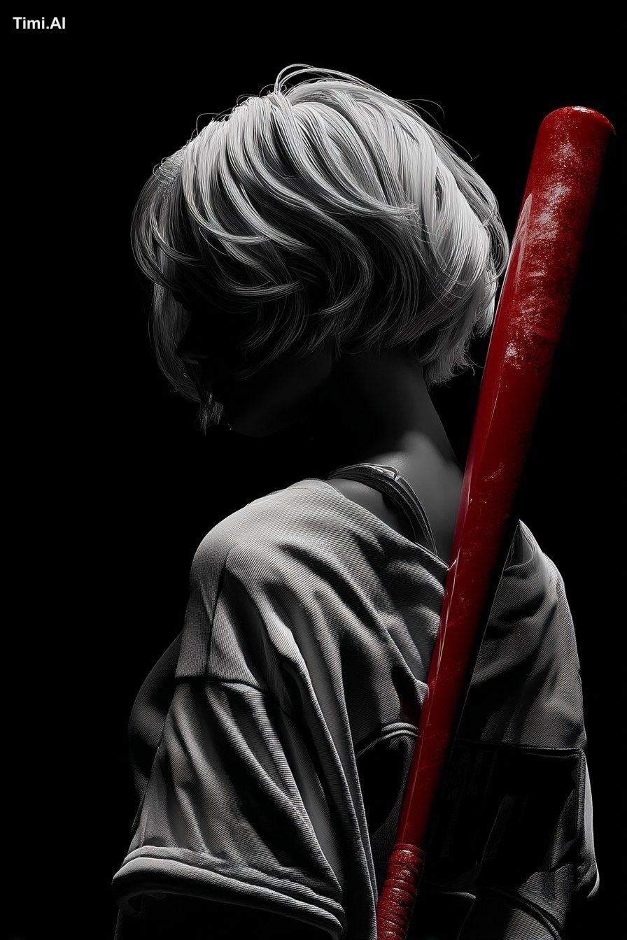 white short hair woman with red baseball bat over shoulders, black and …