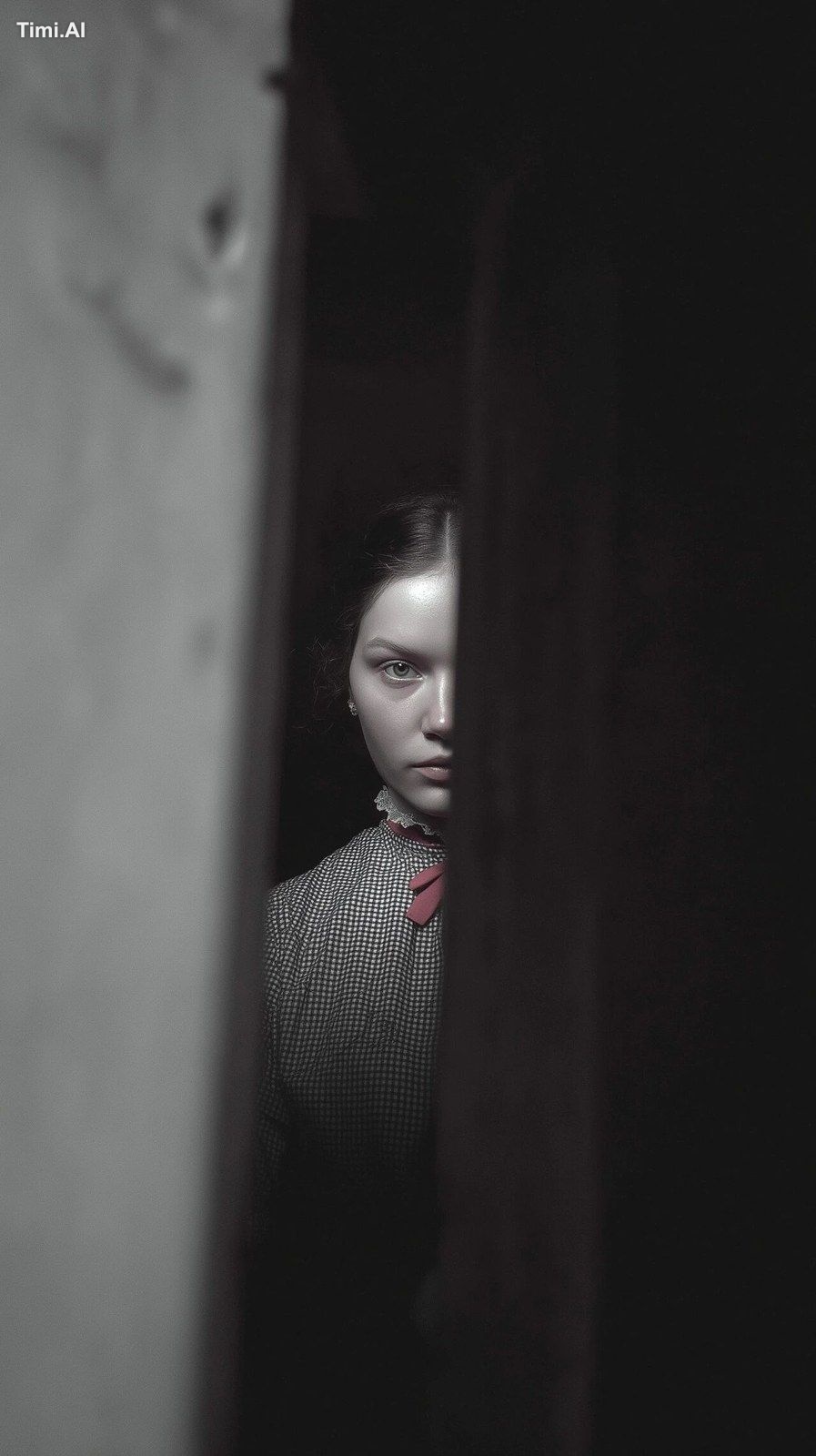 a woman standing behind a half-open door, looking through the narrow ga…