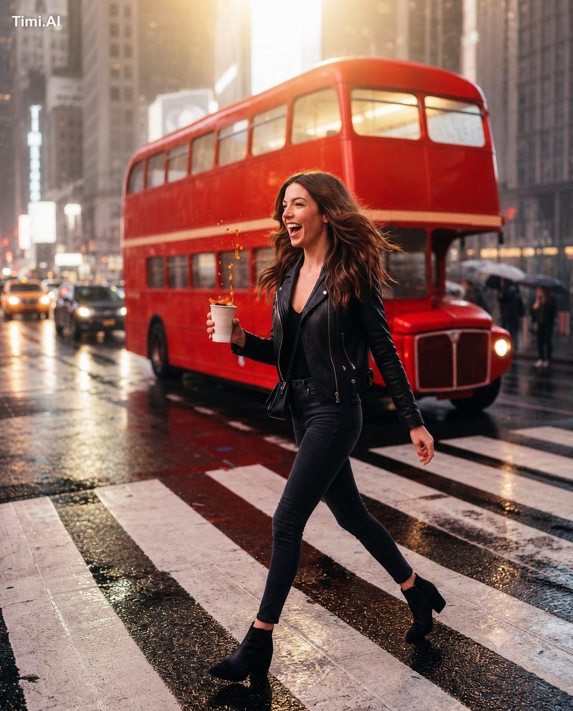 A tiny accidental splash from her takeaway coffee as she walks, freezin… 1