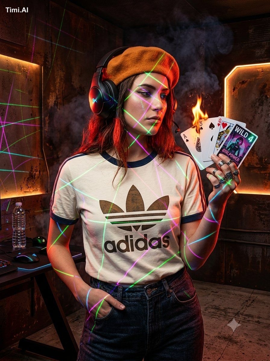 A medium shot of a young woman in a gaming room, presented in a 3:4 asp…