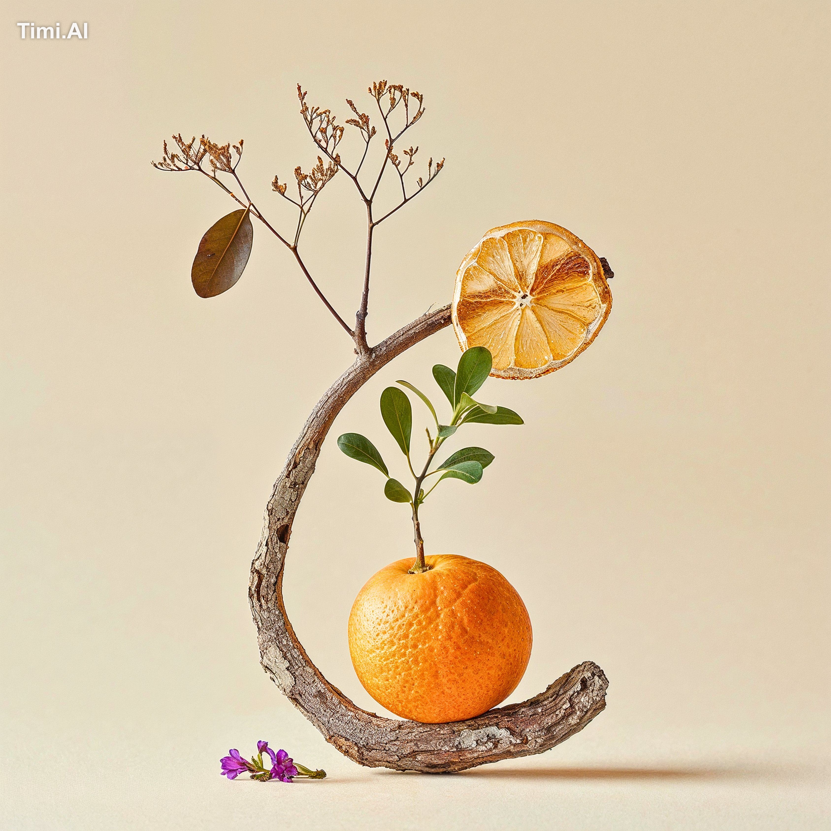 A single orange fruit at the bottom with a slice of dried lemon balance…
