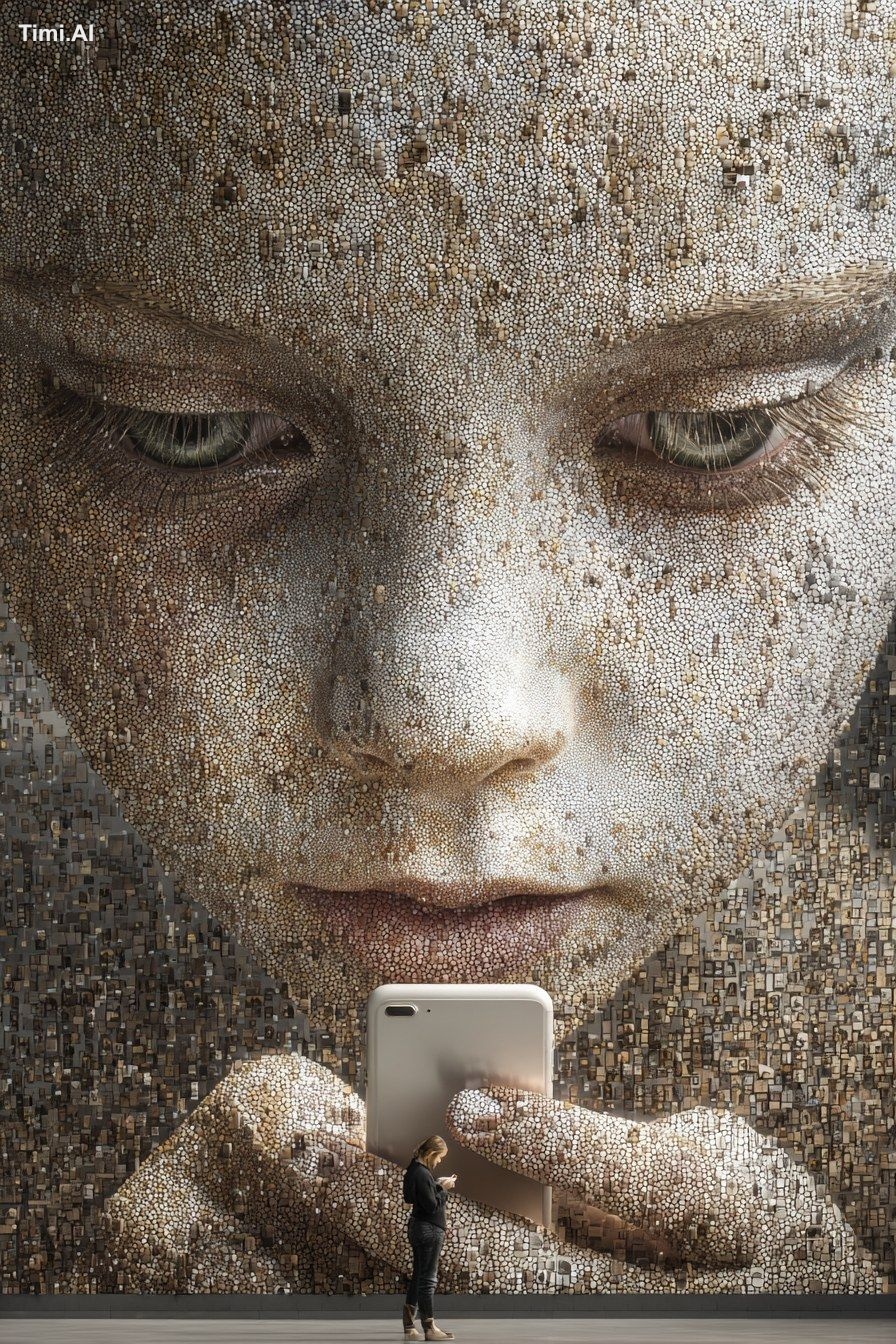 Giant photorealistic portrait of a girl looking into a modern smartphon…