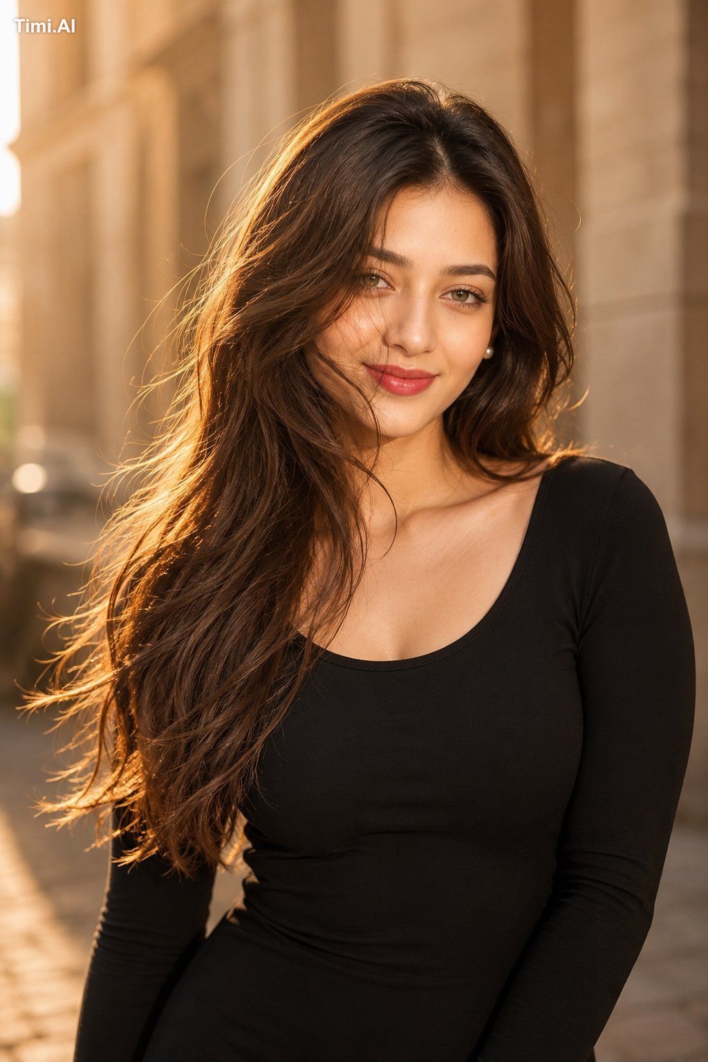 Create a semi-body portrait with warm and golden lighting, likely captu…
