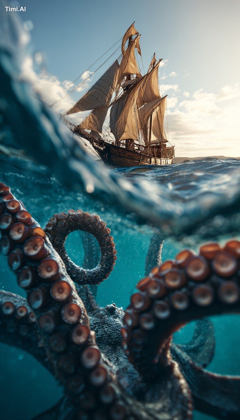 kraken attacking a sailboat in the sea with tentacles, hdr, low angle v…