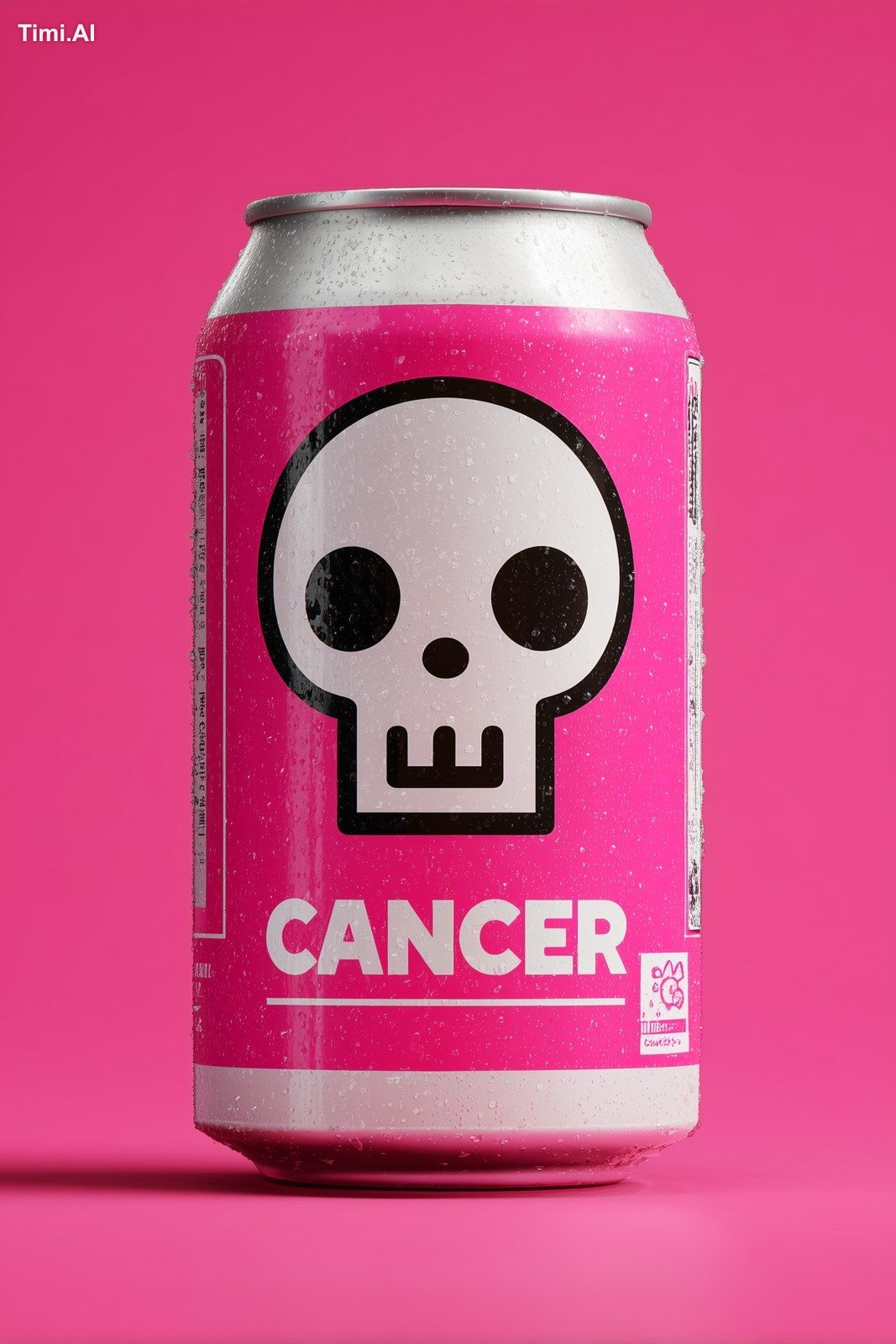A product image for a cancer themed soda, the can has a minimalist skul…