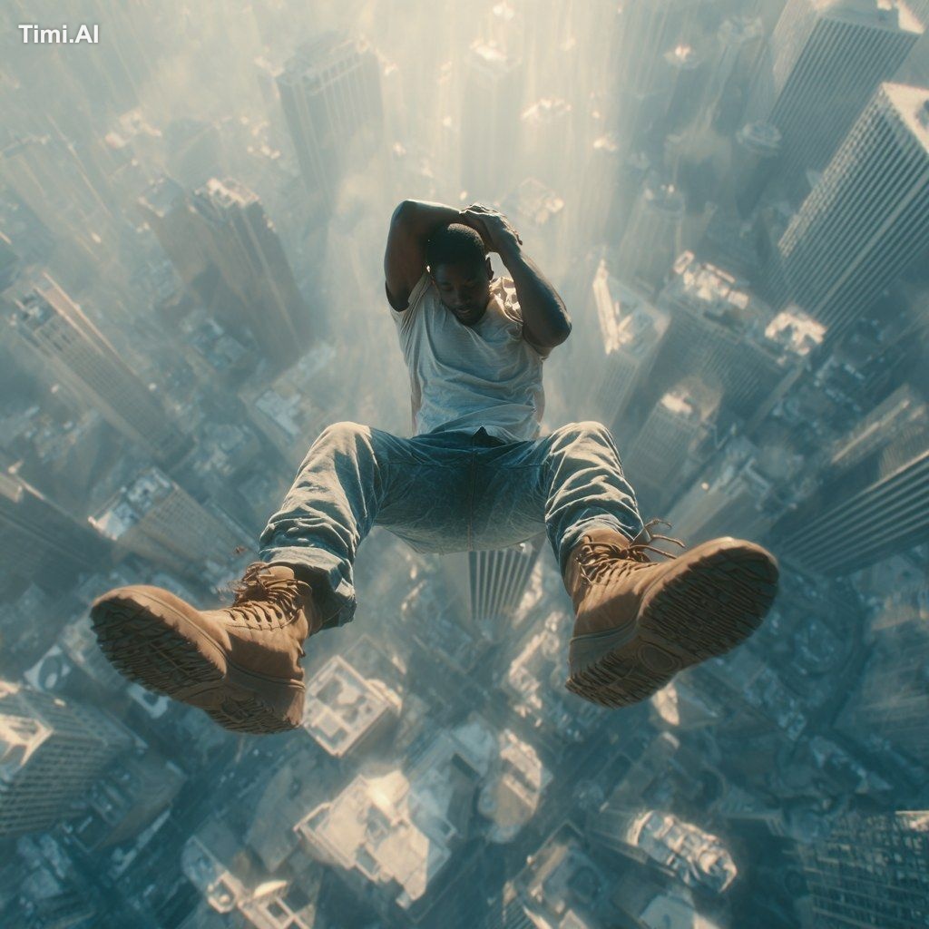a surreal hyper-realistic scene of a Black man falling in slow motion b…