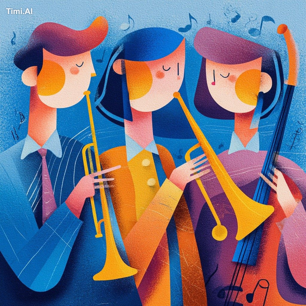 hand painted pastel poster of 3 cool school kids playing 3 classical mu…