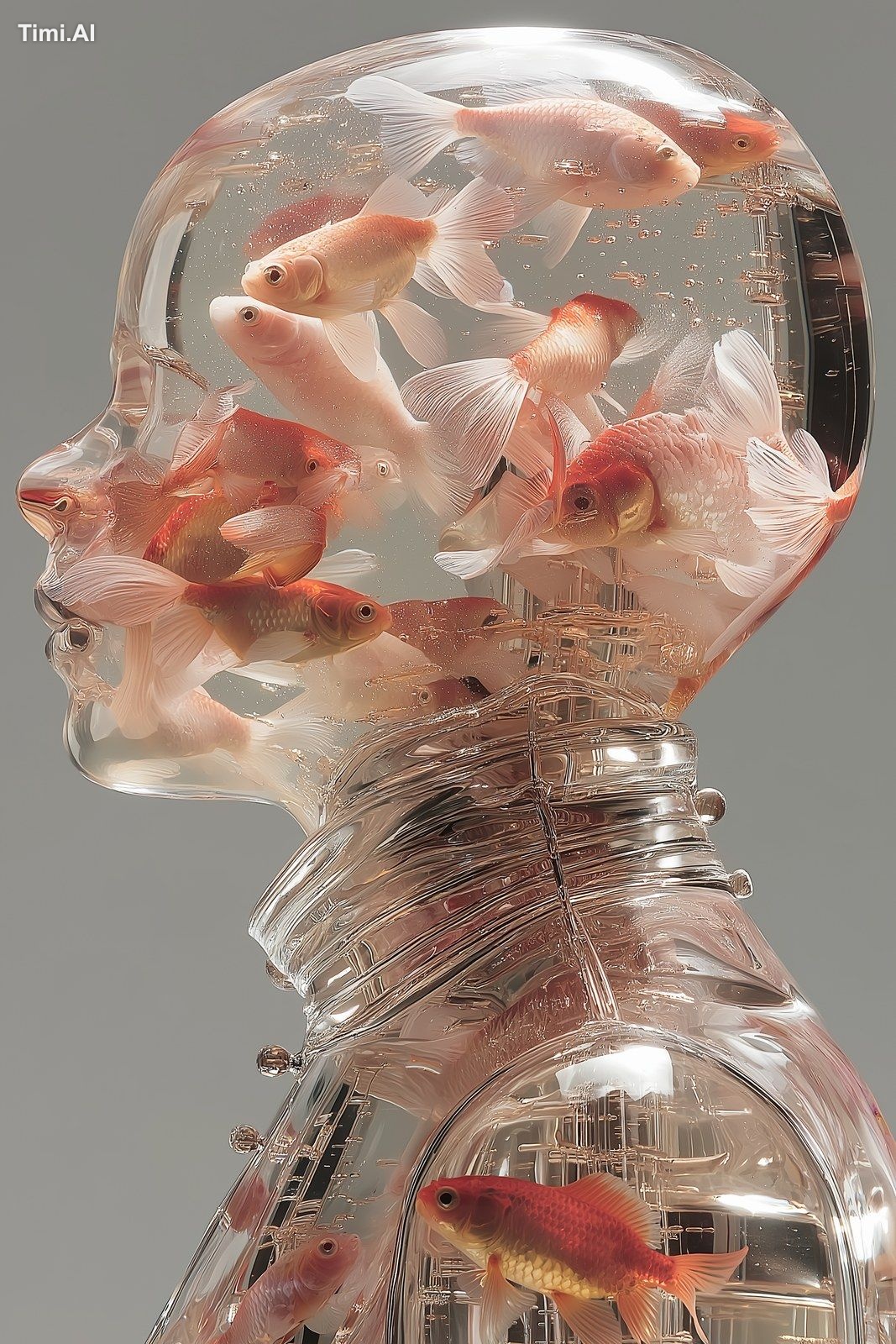 a human full body made of glass filled with floating goldfish, visual m…