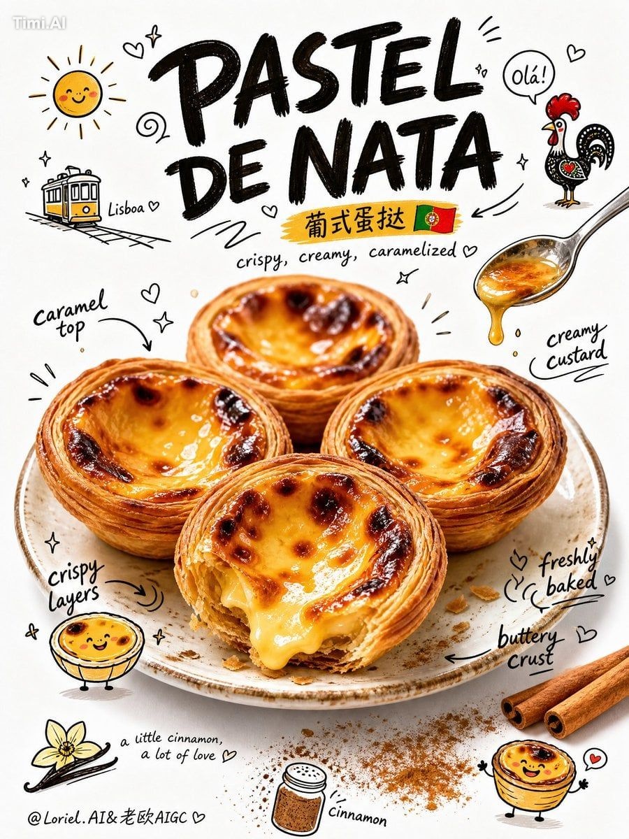 Create an ultra-premium playful food poster for Portuguese egg tart, Pa…