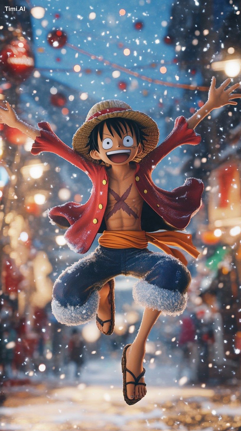 one piece LUFFY enjoying Christmas, snowing, super realistic,8k, --ar 9…