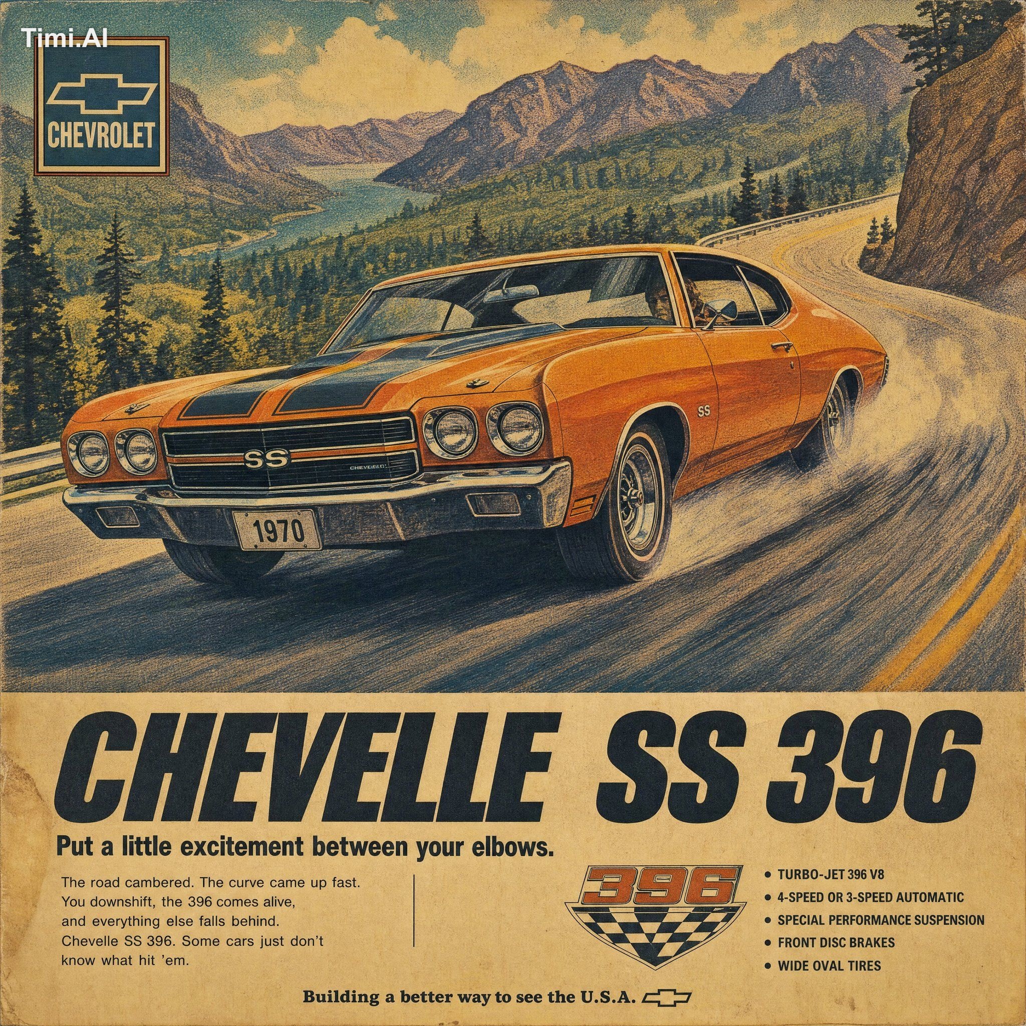 Vintage 1970s automotive magazine advertisement poster for [BRAND], fea…