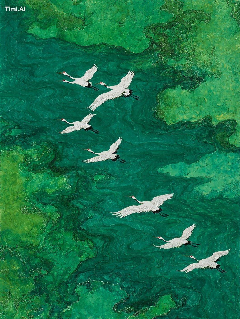 A Chinese style artwork with green as the main color tone, depicting a …