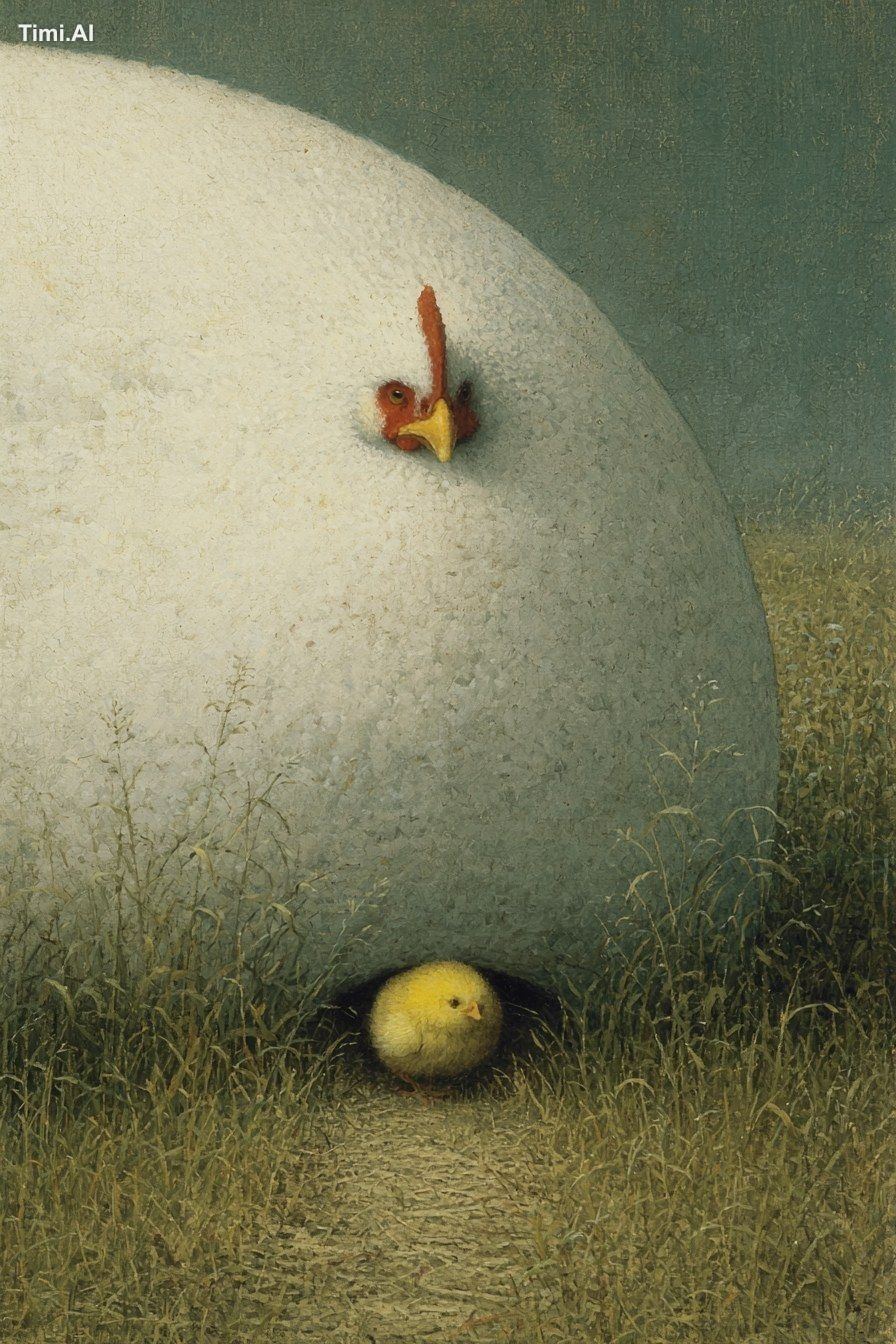 A fat hen mother and a chicken tries to escape under it, surrealistic I…