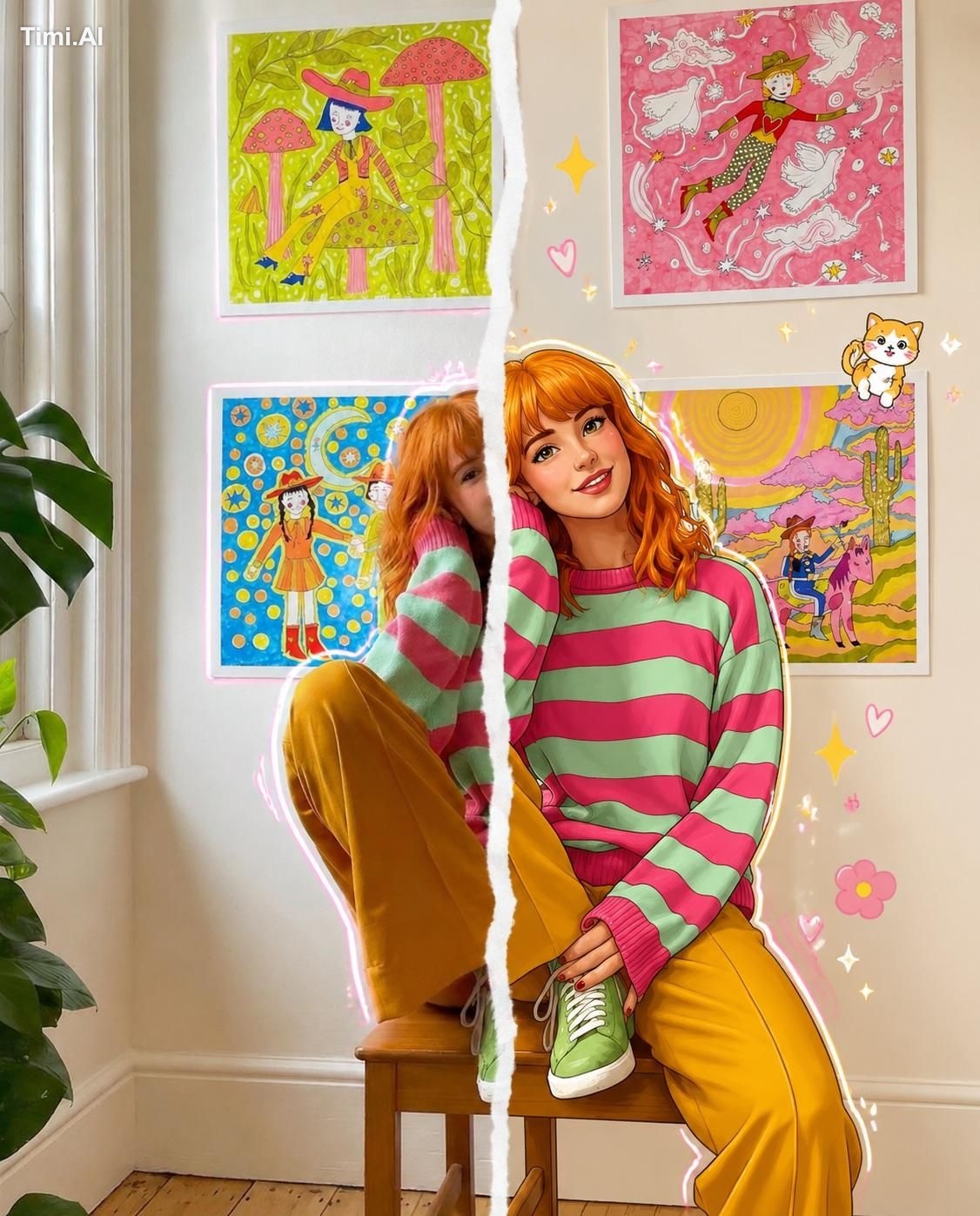 A split-screen "Real Life vs Illustrated World" portrait with a vertica…