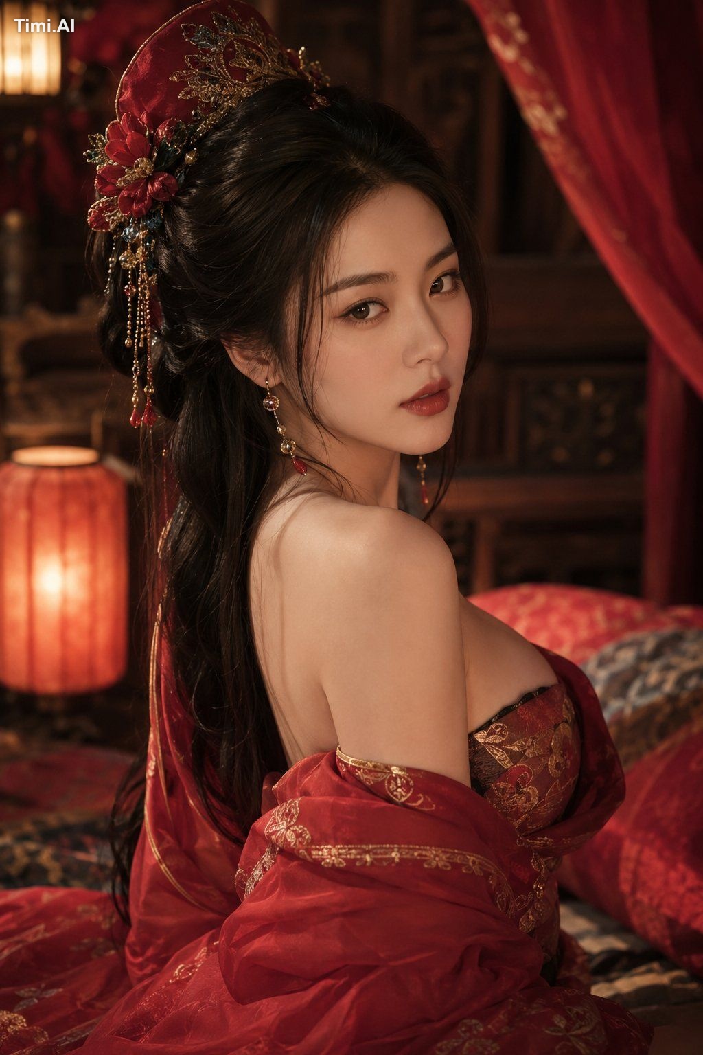 生成一个中国山寨压寨夫人女性穿着小红肚兜在闺房里，2比3，影视级人像特写，上半身构图，身材匀称丰韵，S曲线 3