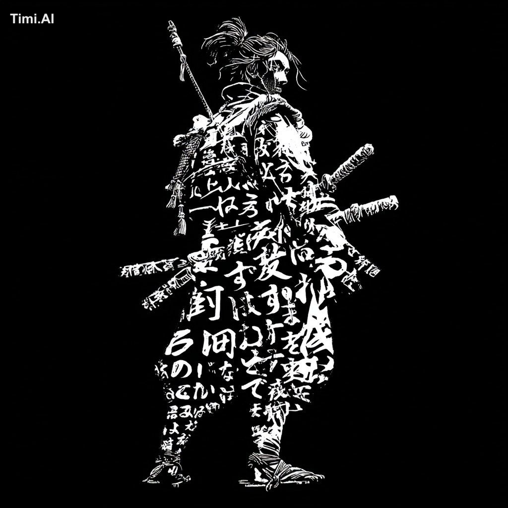 a tech samurai, full body, bold, japanese style writing, black backgrou…