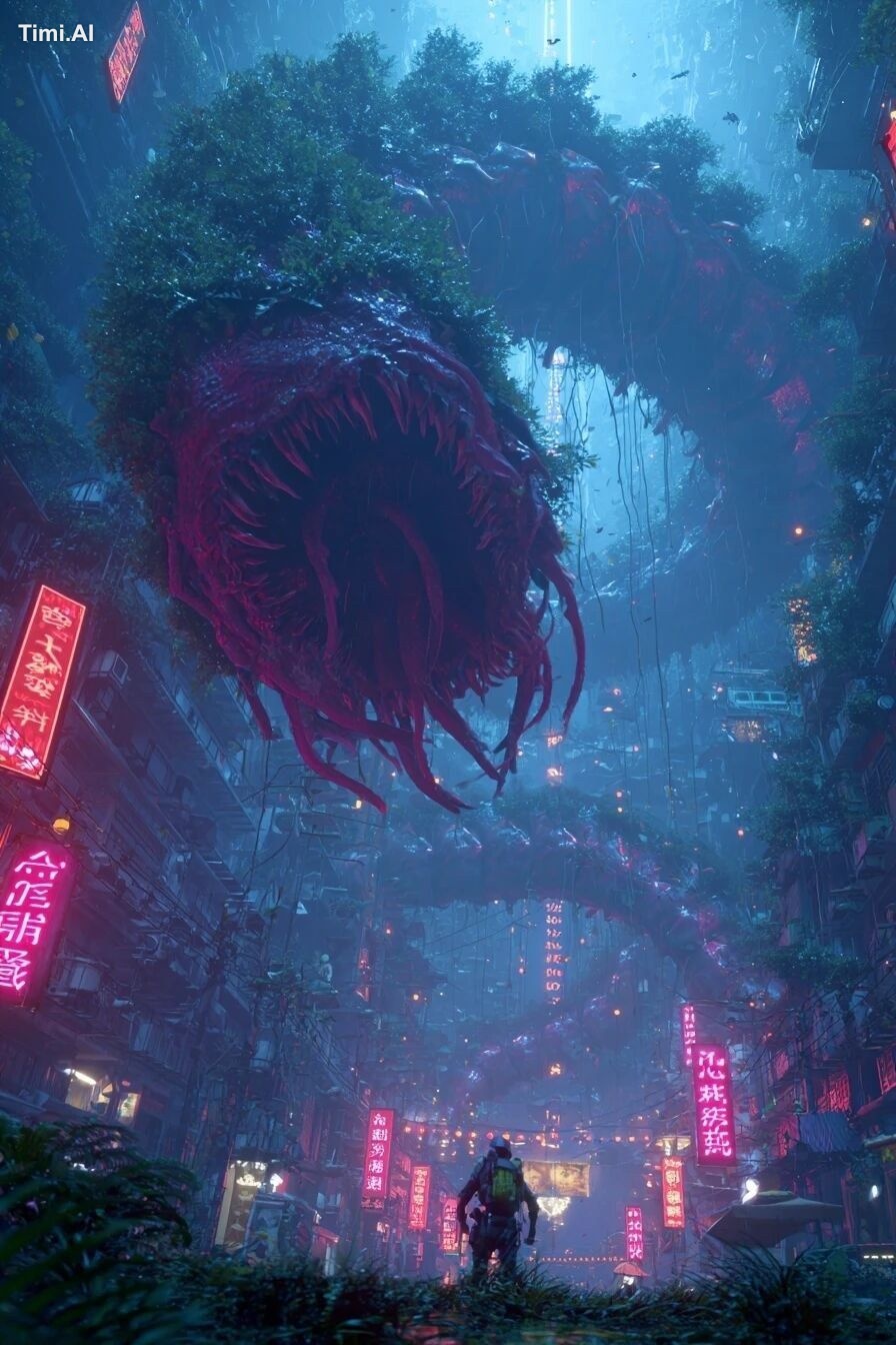 POV SHOT of a warrior being chased by a colousus gigantic cyberpunk cen…