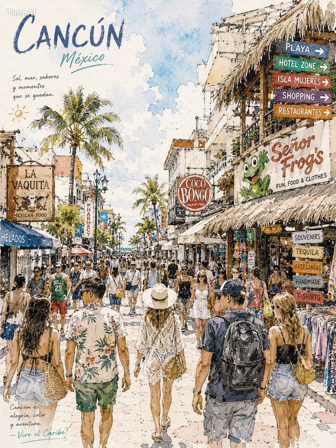 Watercolor travel poster illustration of (City Name) busy tropical stre…