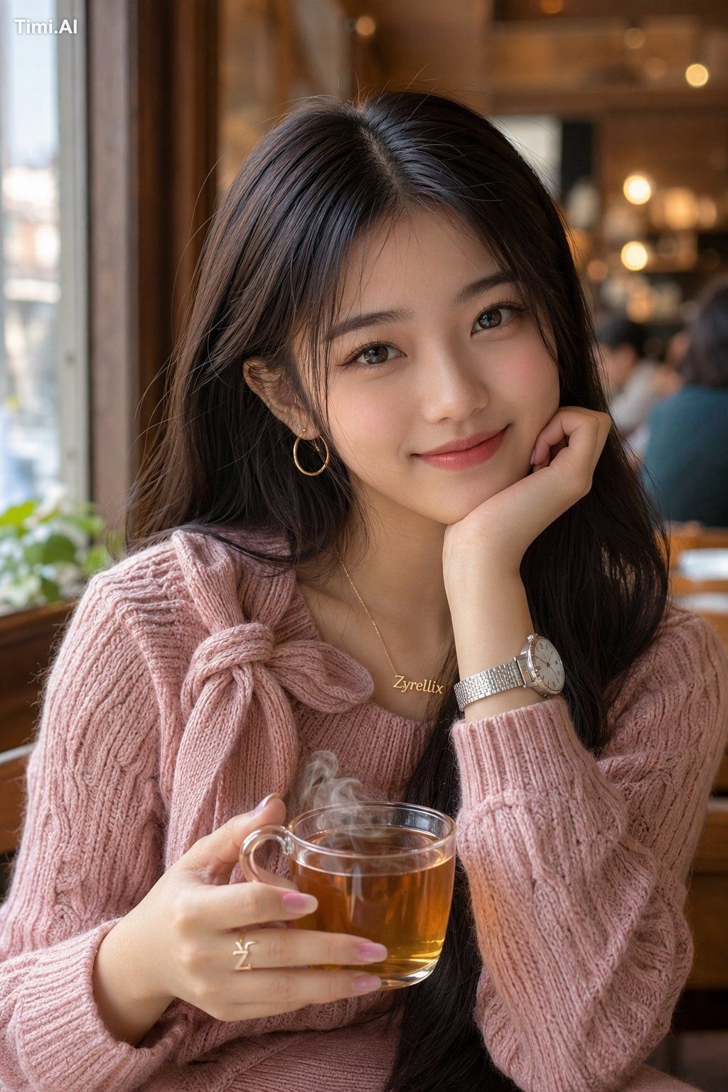 A close-up portrait of a young East Asian woman sitting in a cafe by a …