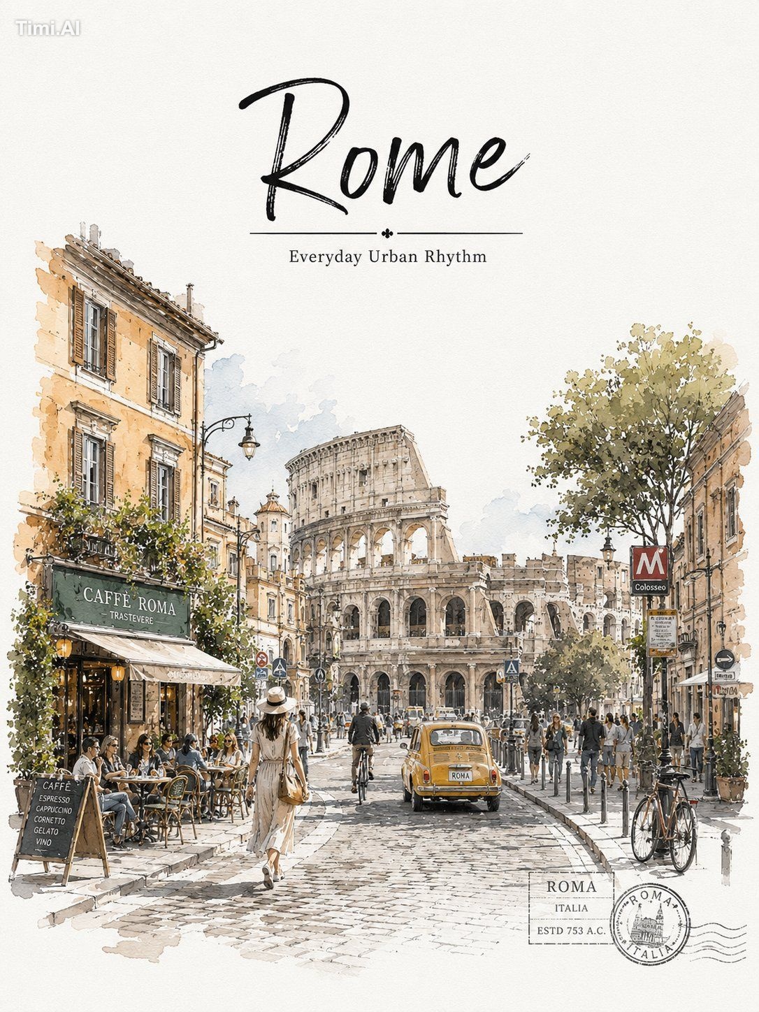 Elegant watercolor-style Rome travel poster with a soft urban sketch ae…