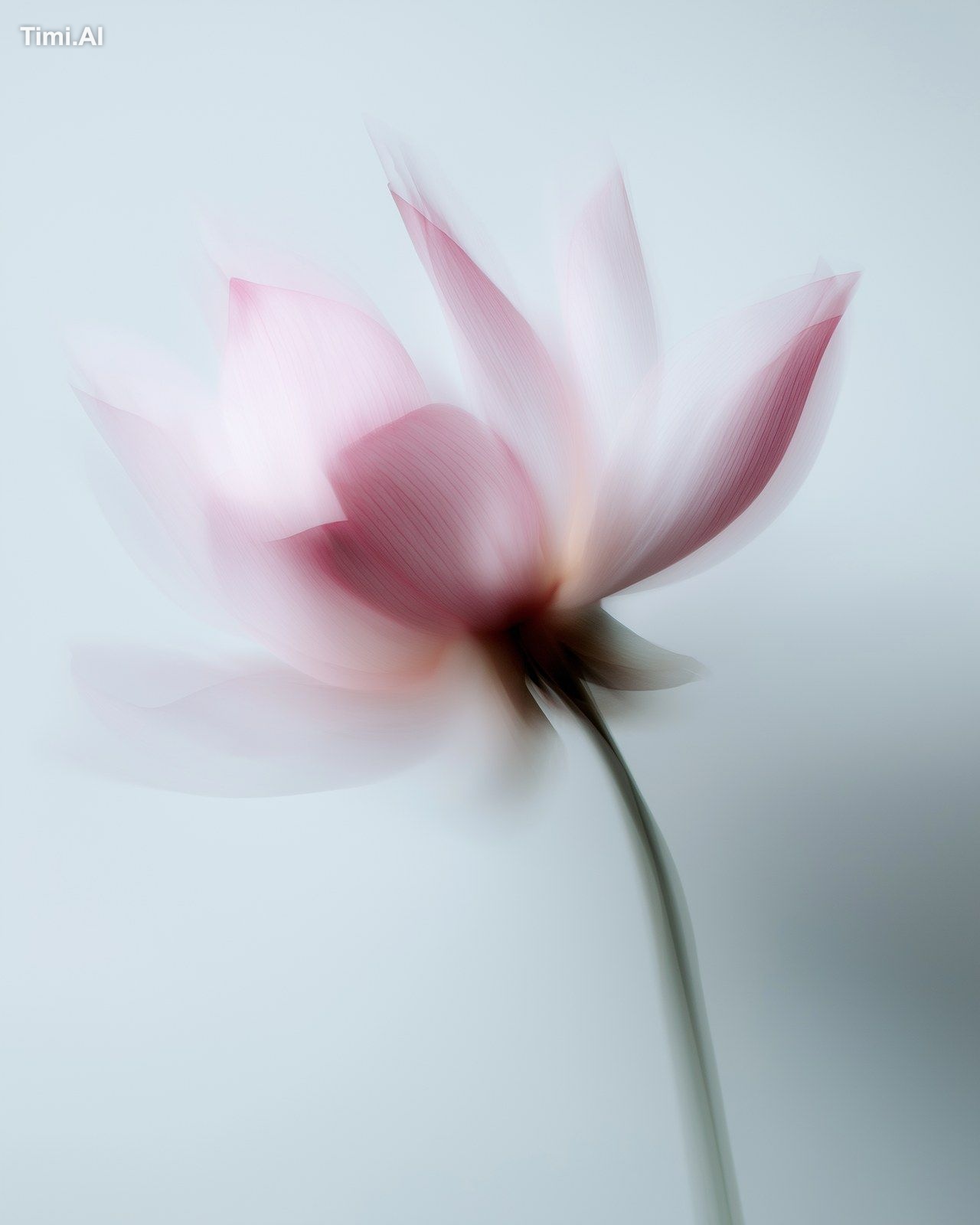 A pink lotus, captured in motion blur against an empty white wall, evok…