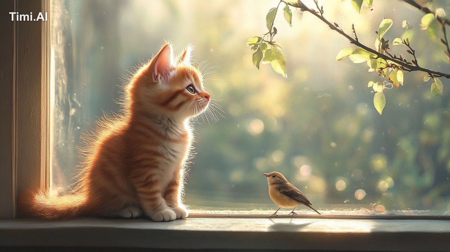 A realistic kitten is sitting on the windowsill. Its body posture is re…