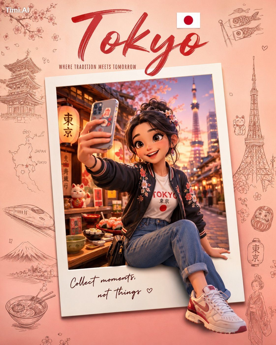 Create a premium collectible travel poster in a cute stylized 3D cartoo…