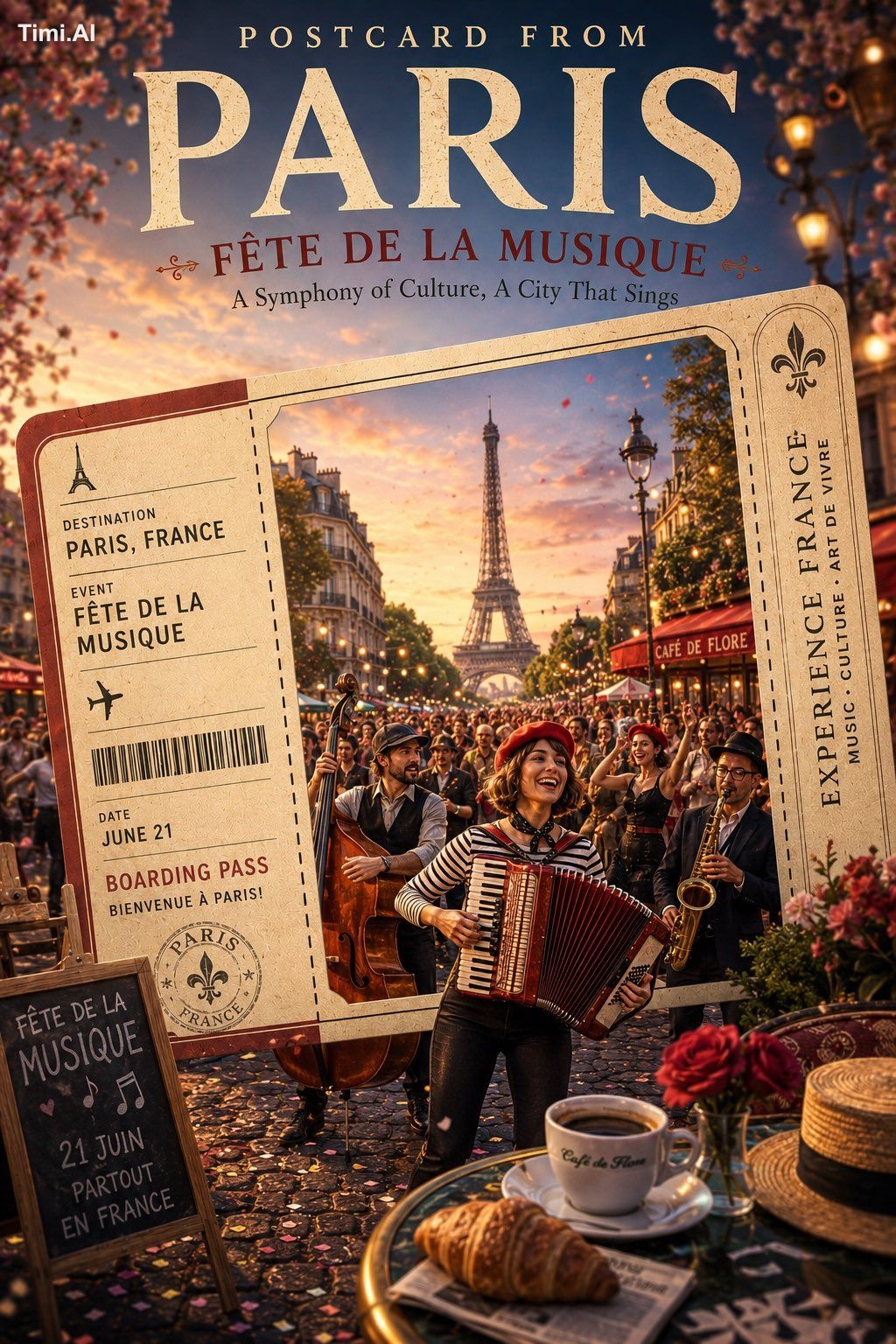 Create a premium travel-poster illustration featuring a giant vintage b…