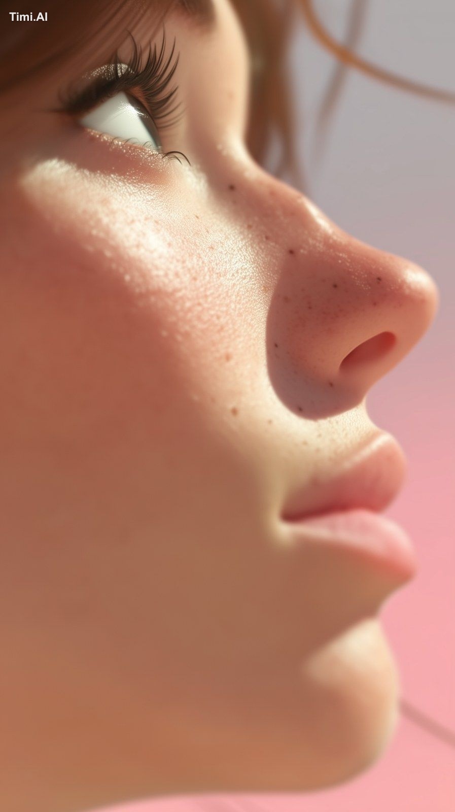macro close-up of cheek and nose area with refined glass skin, natural …