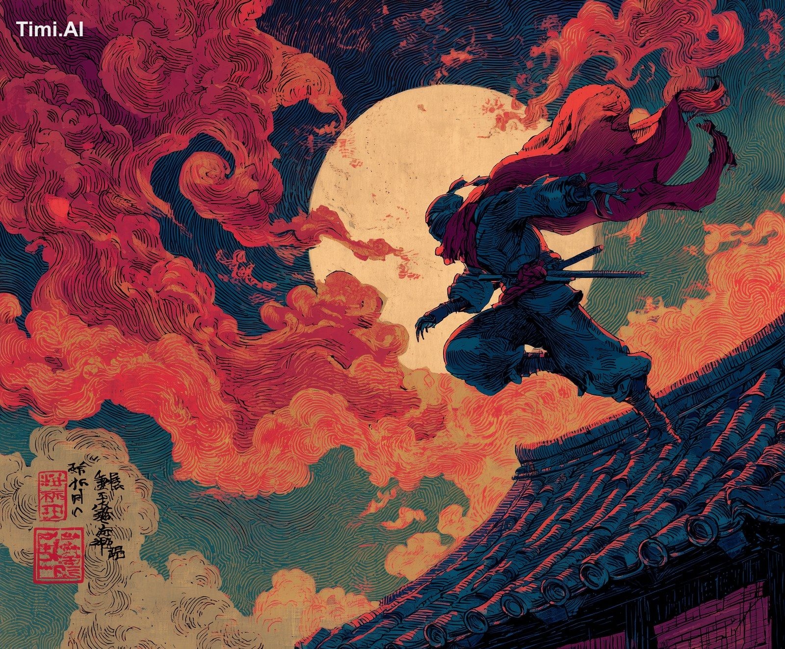 Dynamic ukiyo-e style illustration of a ninja, leaping across rooftops …