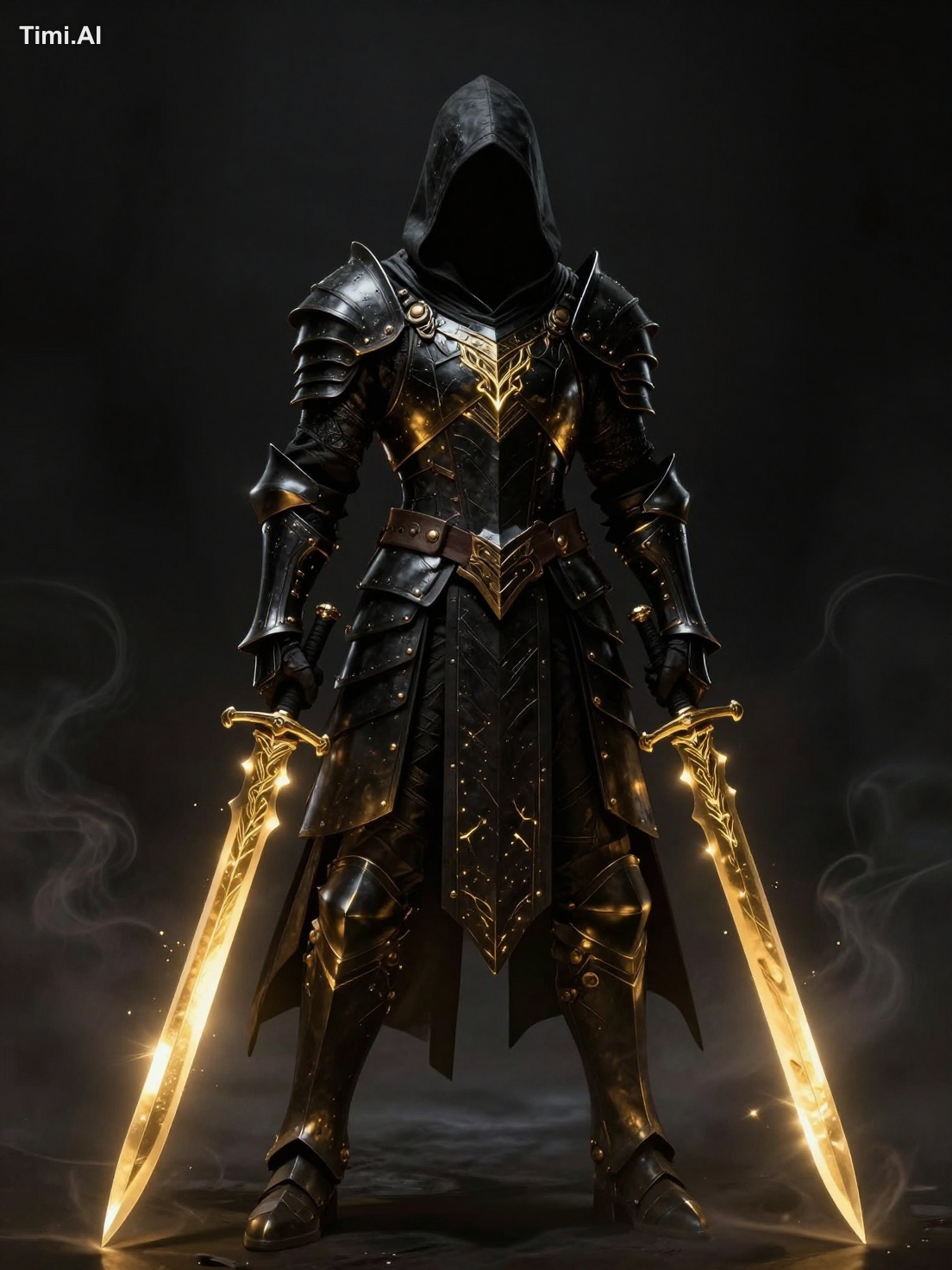 A hooded assassin stands in a void, encased in intricate black plate ar…