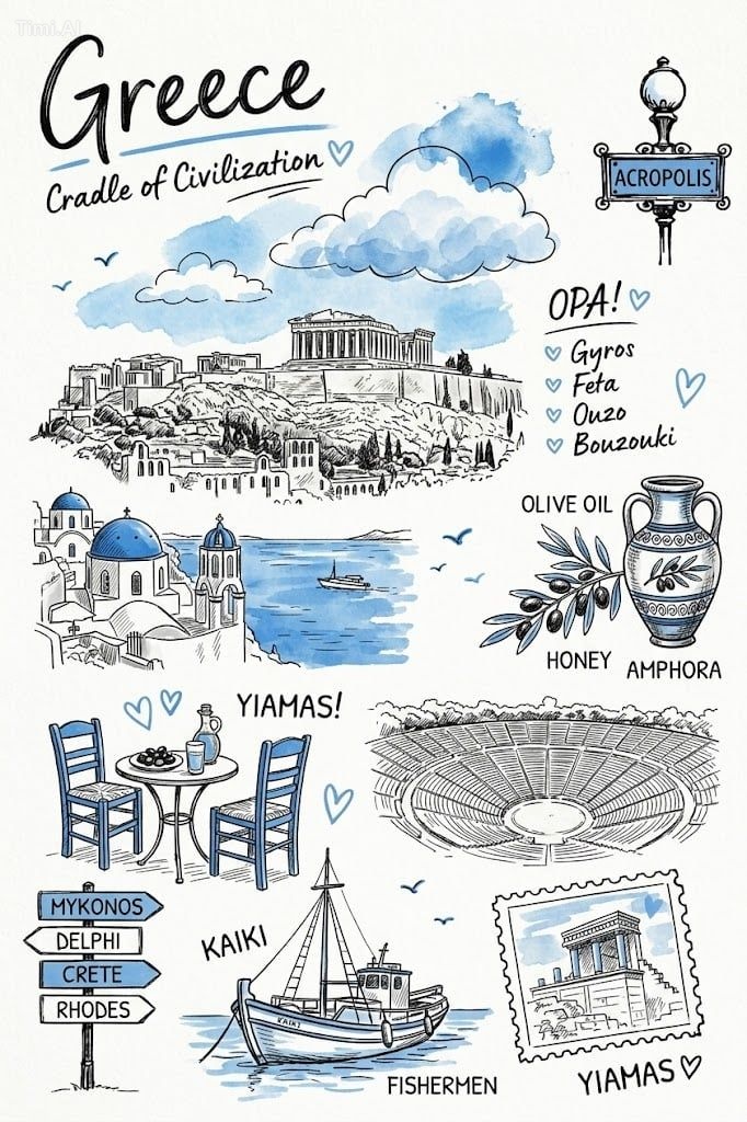Create a hand-drawn vintage travel journal illustration of [Country] us…