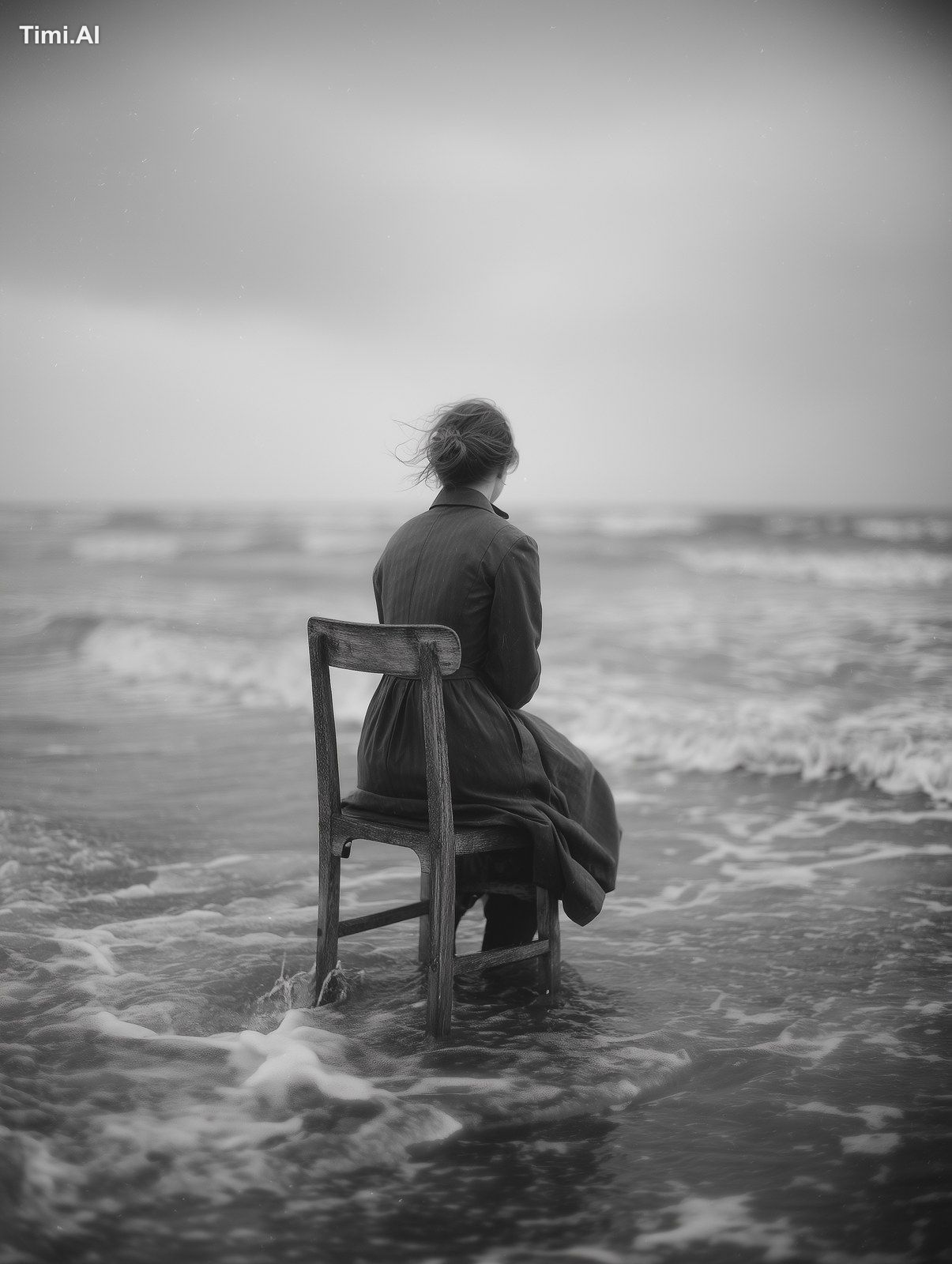 a woman sitting on an old wooden chair in the sea, monochrome, her back…