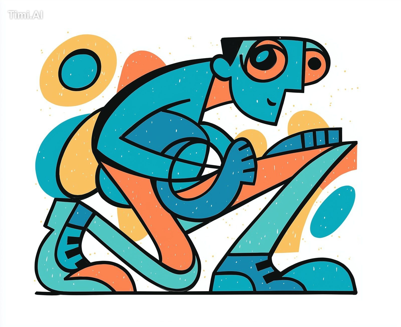 A simple cartoon drawing of an abstract human-like character with turqu…