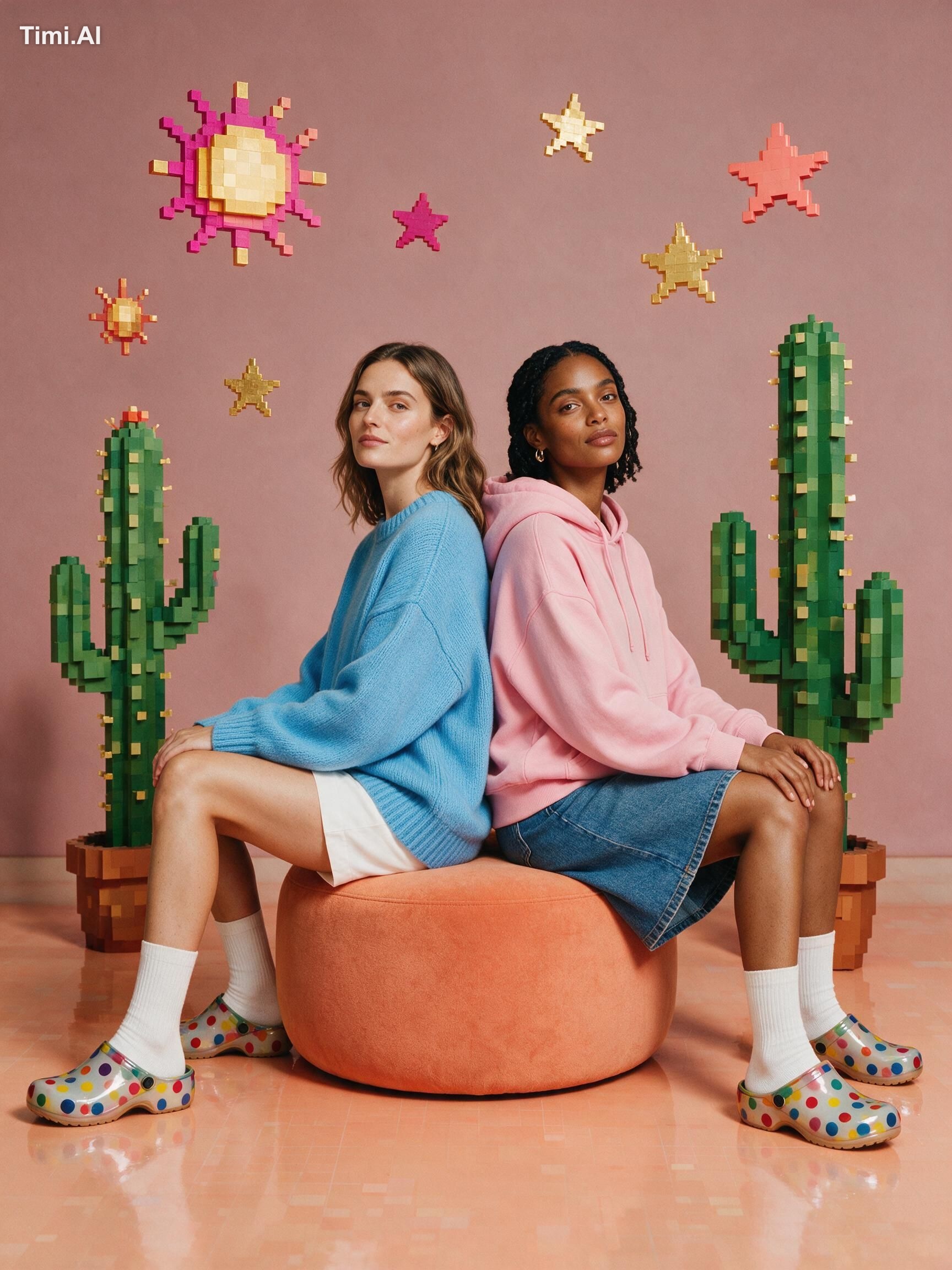 Two women sit back to back on a round tangerine ottoman, both looking i…
