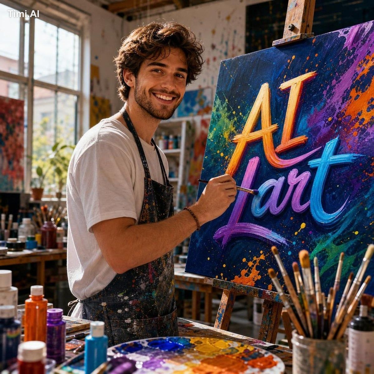 Prompt 1 – Colorful AI Lart Painting Studio (Day Scene, 8K) A talented …