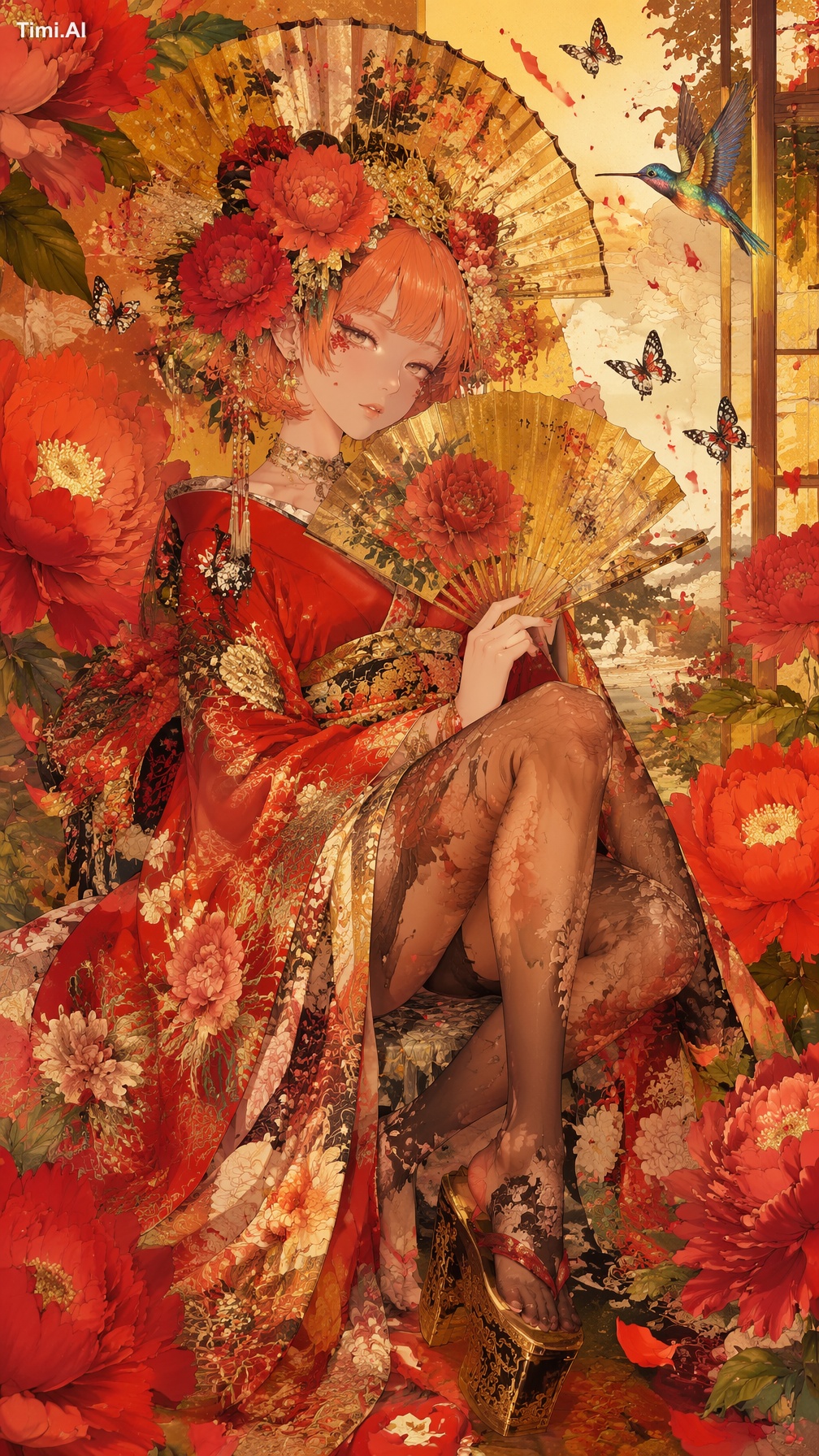Vertical ornate ukiyo-e anime illustration, delicate young lady sitting…