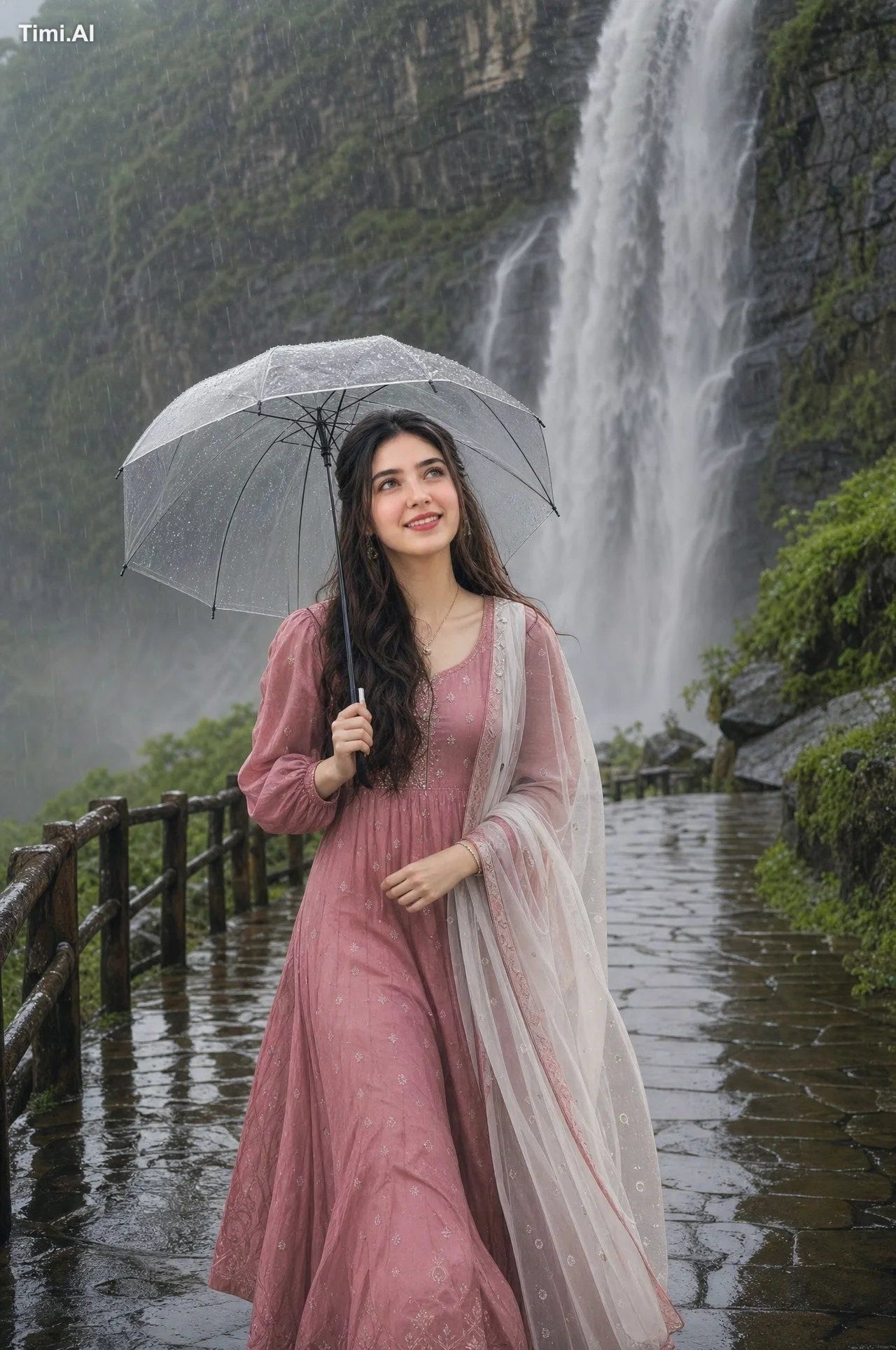 Photorealistic portrait of a beautiful young woman walking on a wet sto… 1