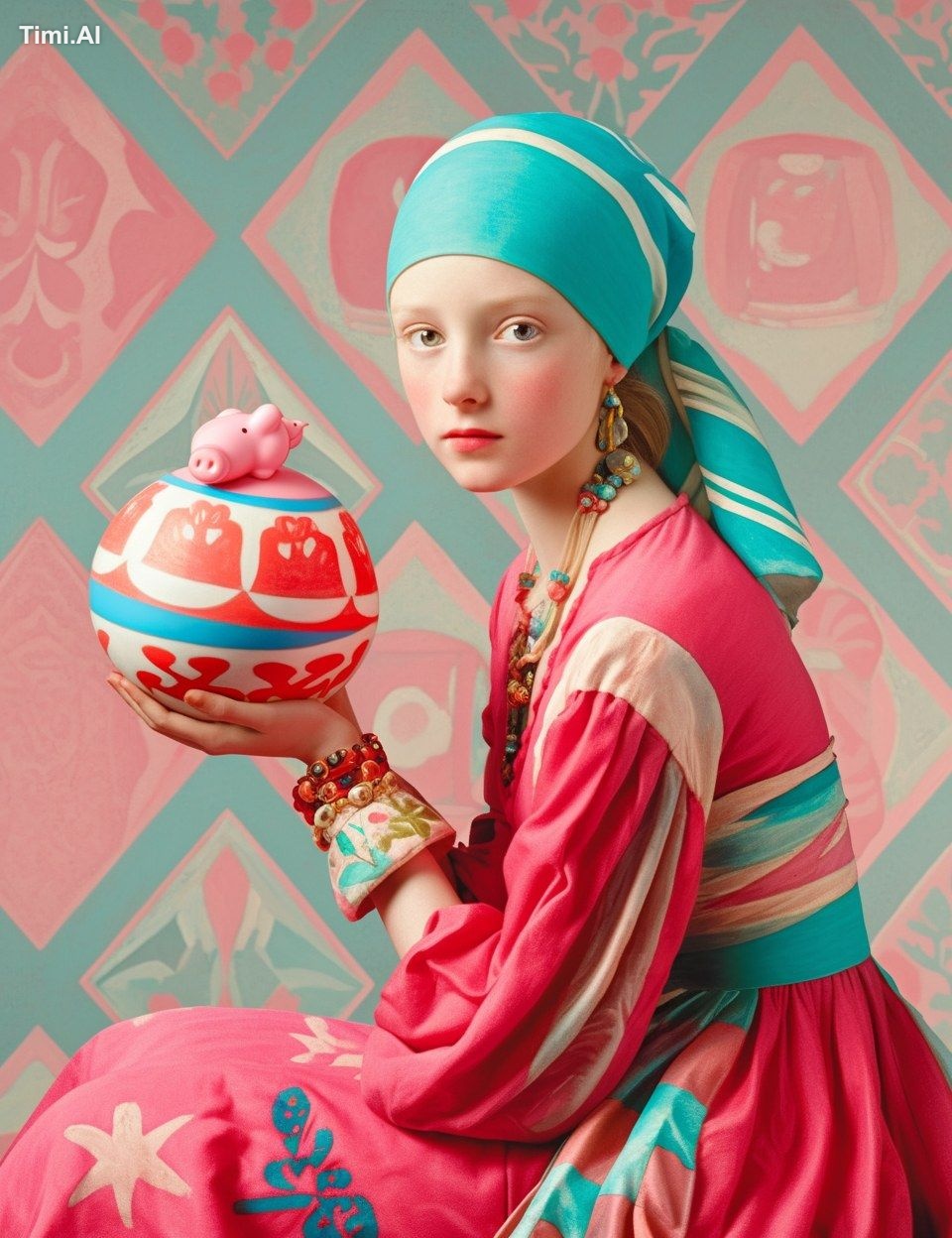 Still life painting of the 'girl with the pearl earring' holding a foil…
