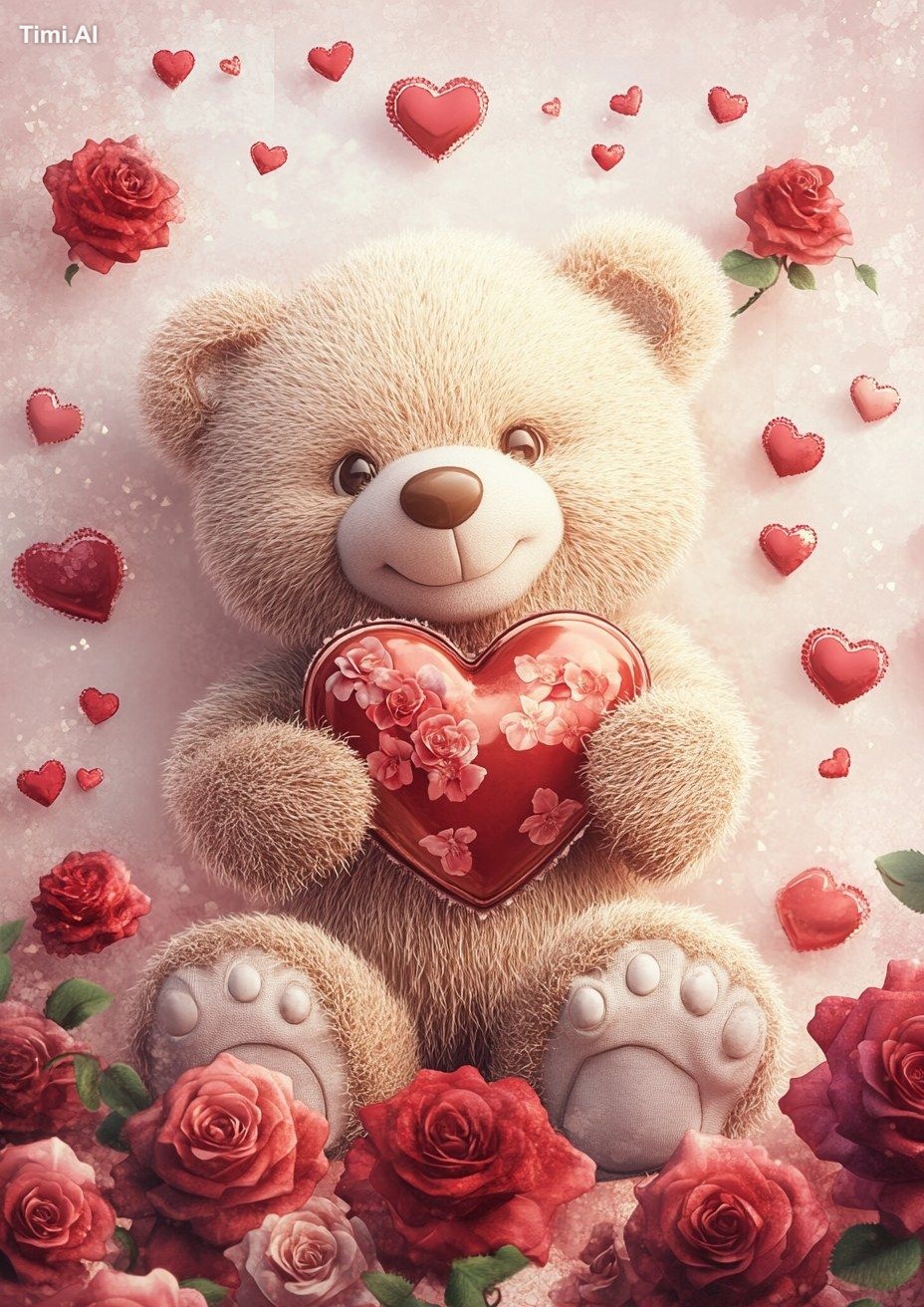 A cute teddy bear holding a heart-shaped object, surrounded by red rose…