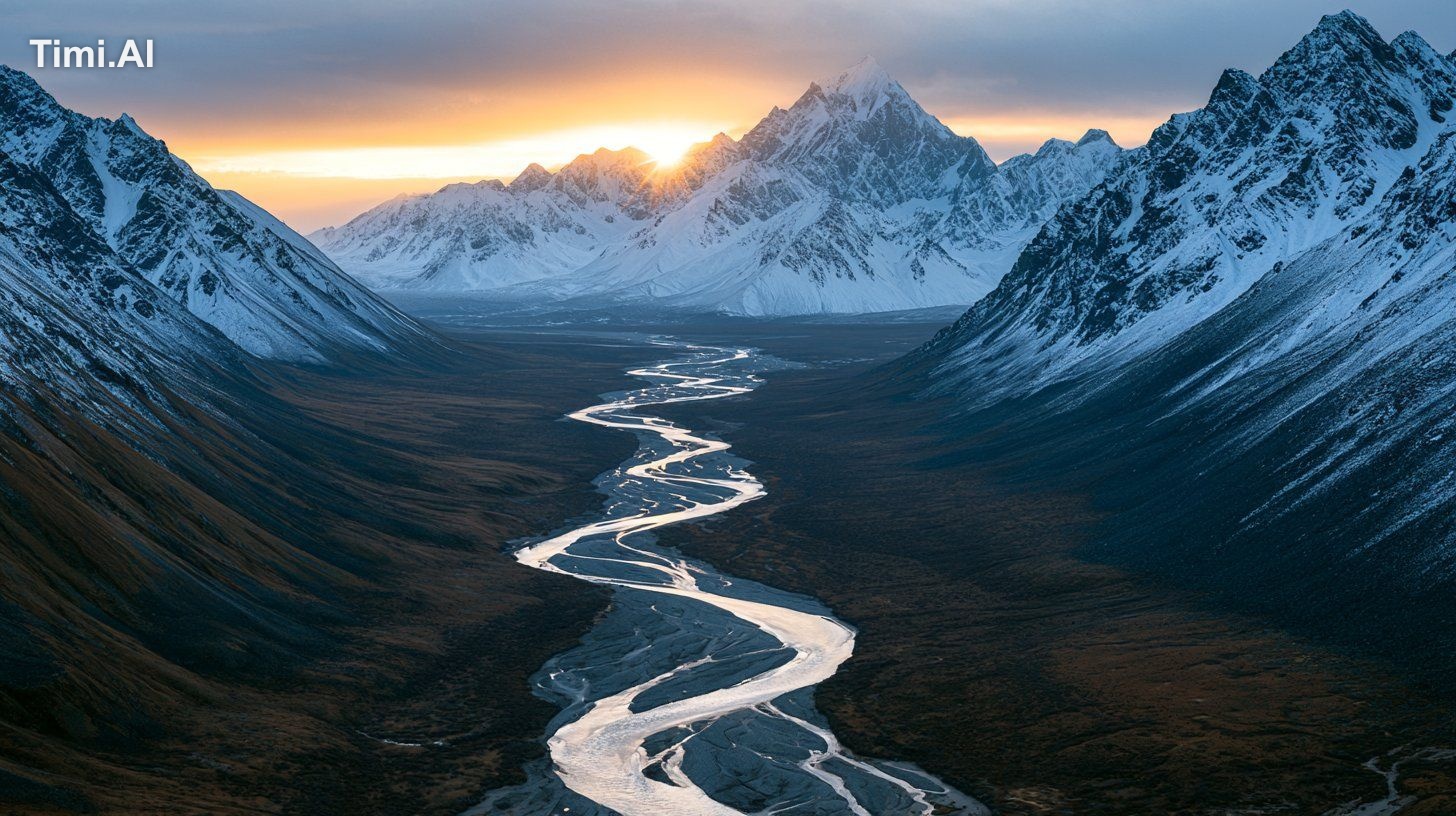 Mountain valley at sunrise, winding river leading toward distant snow-c…