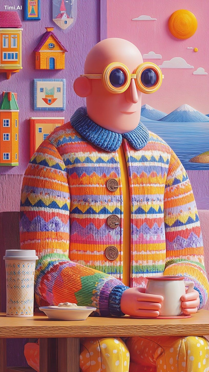 Personaje, animado con estilo cryptobro, tomando café en la hora del té…