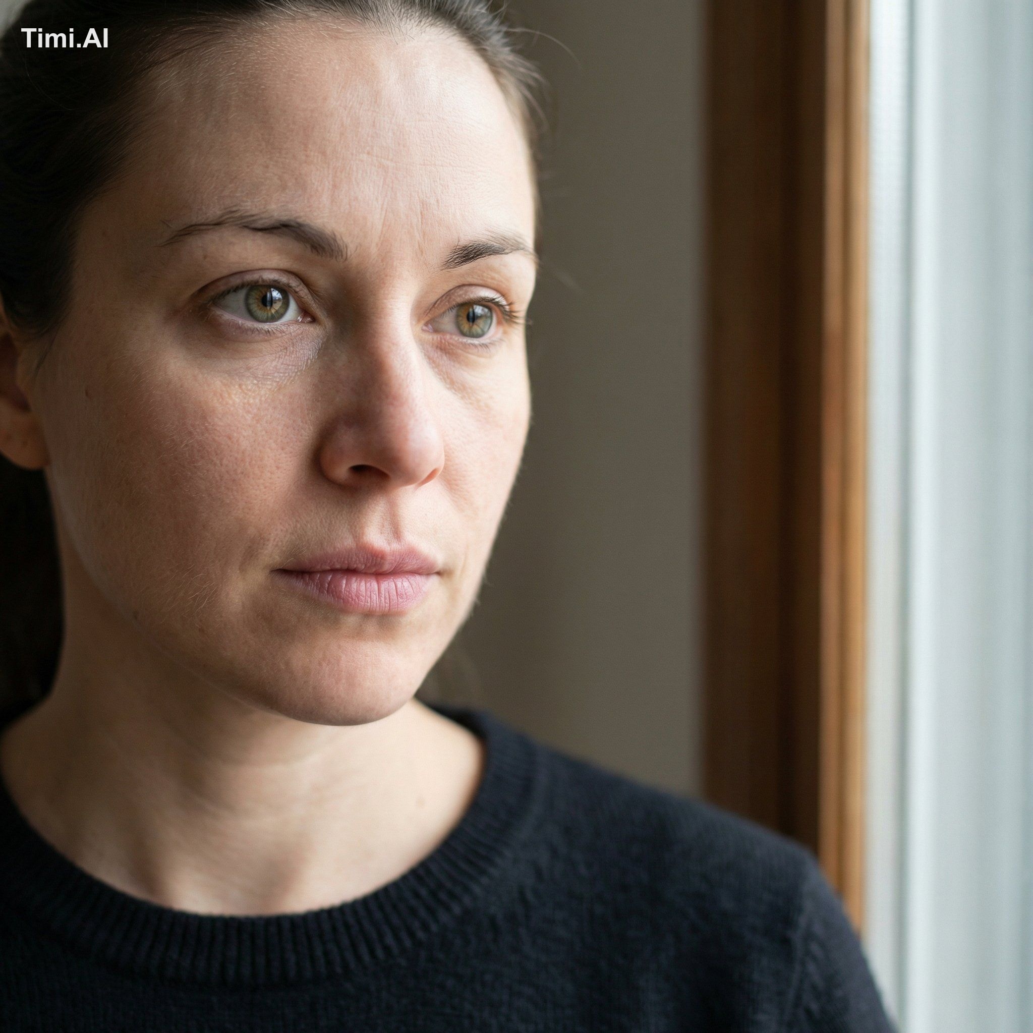Ultra-realistic close-up portrait of a woman in her early 30s standing …
